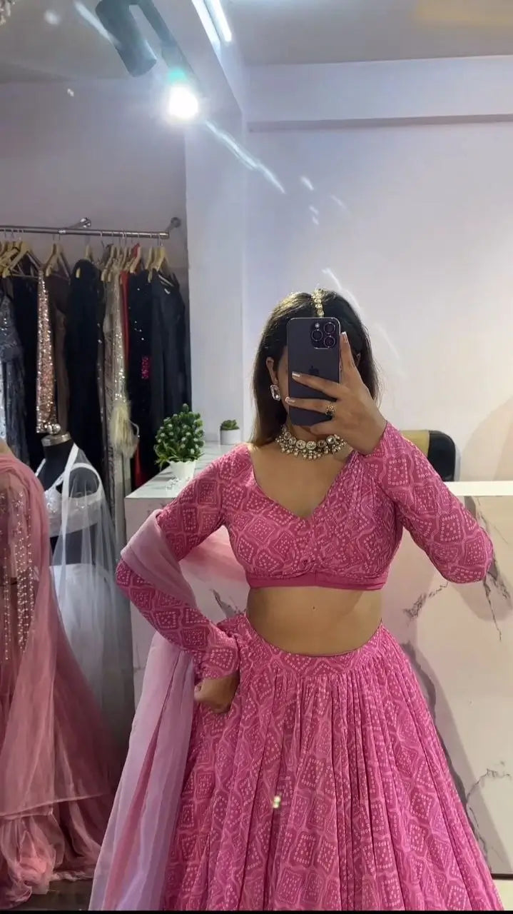 Pink Georgette Digital print With Net Dupatta Lehenga Choli