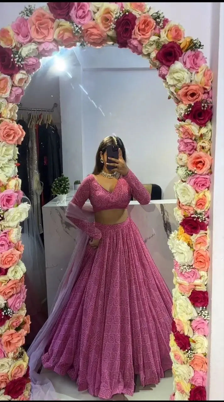 Pink Georgette Digital print With Net Dupatta Lehenga Choli