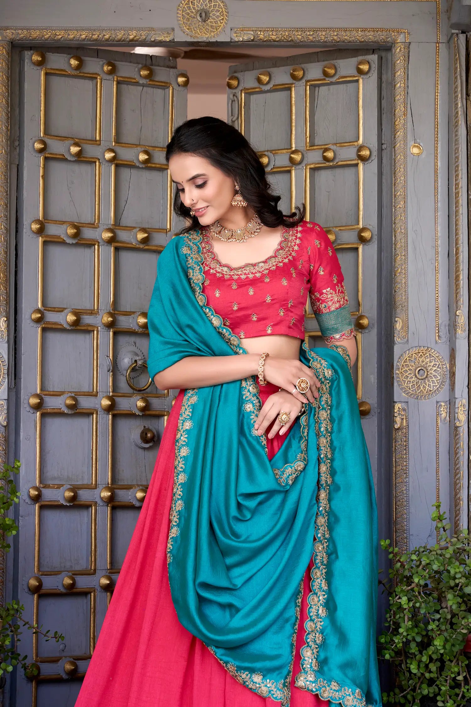 Pink Vichitra Silk Lehenga Choli With Zari Weaving Work & Sequins Touch Up