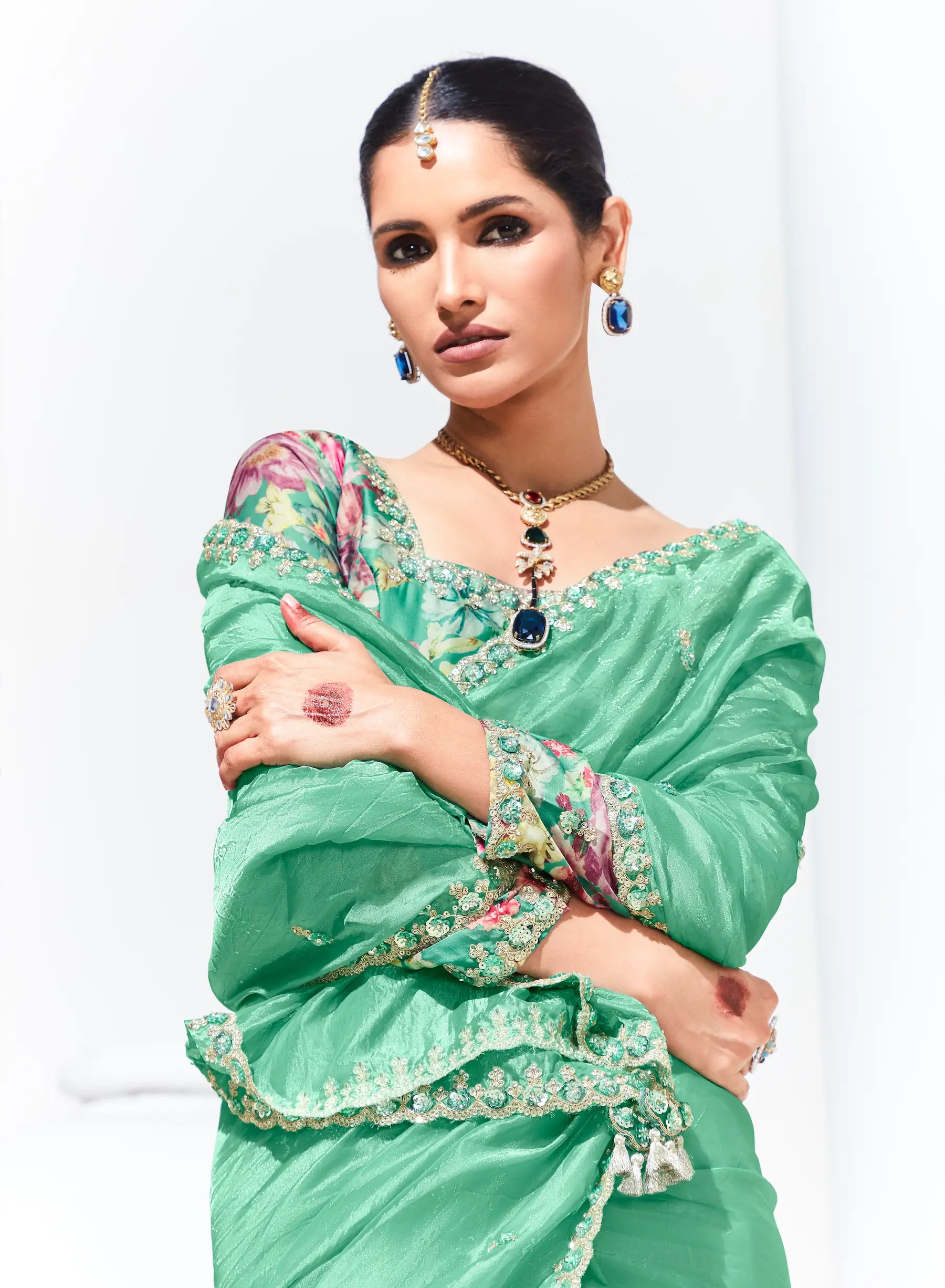 Pista Green Glass Organza Saree With Digital Print, Sequence & Thread Embroidery Work