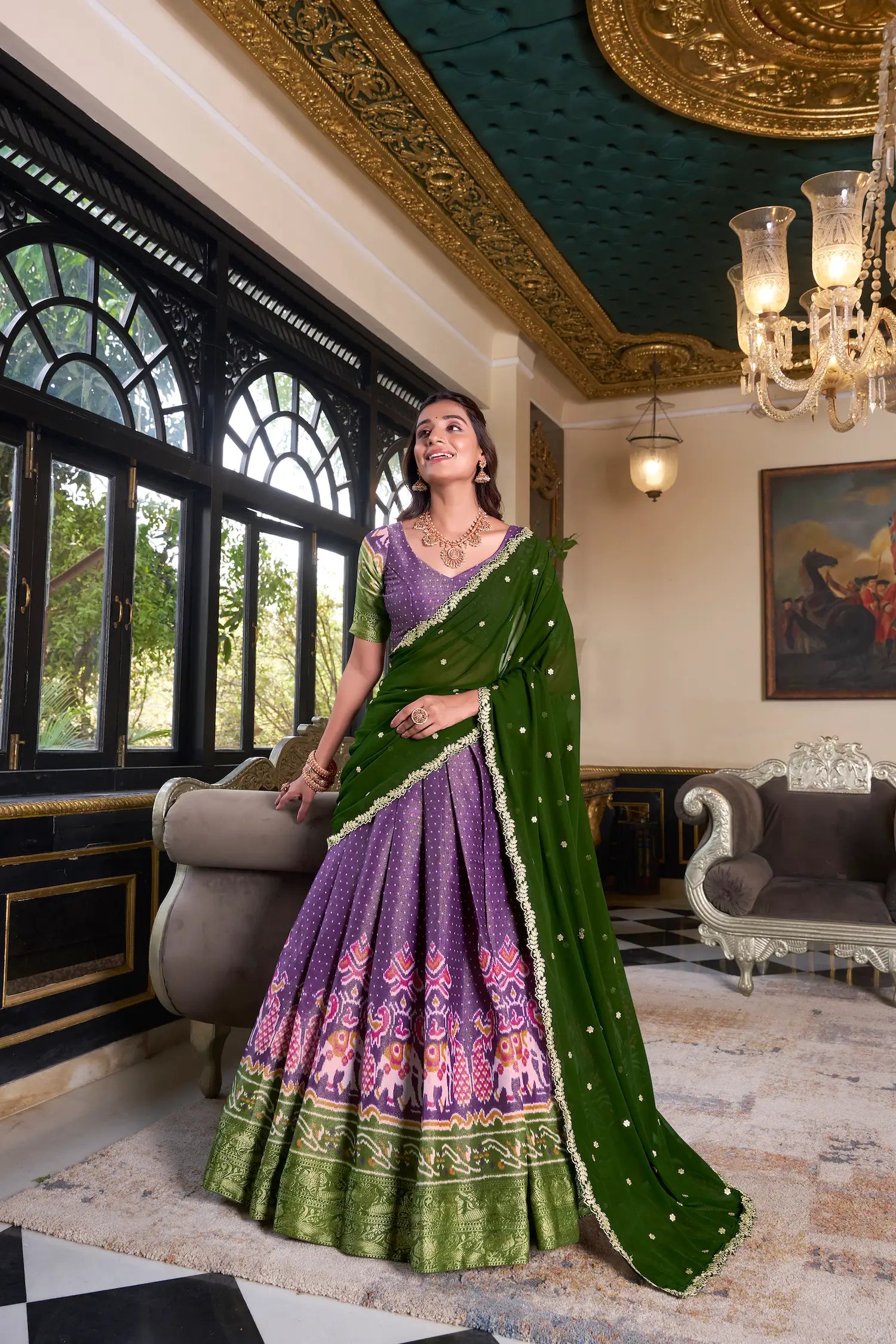 Purple Kanchipuram Silk Lehenga Choli With Digital Print & Embroidery Work