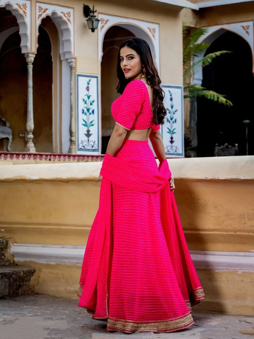 Rani Pink Georgette Leheriya Print Lehenga With Zari And Cording Lace Work