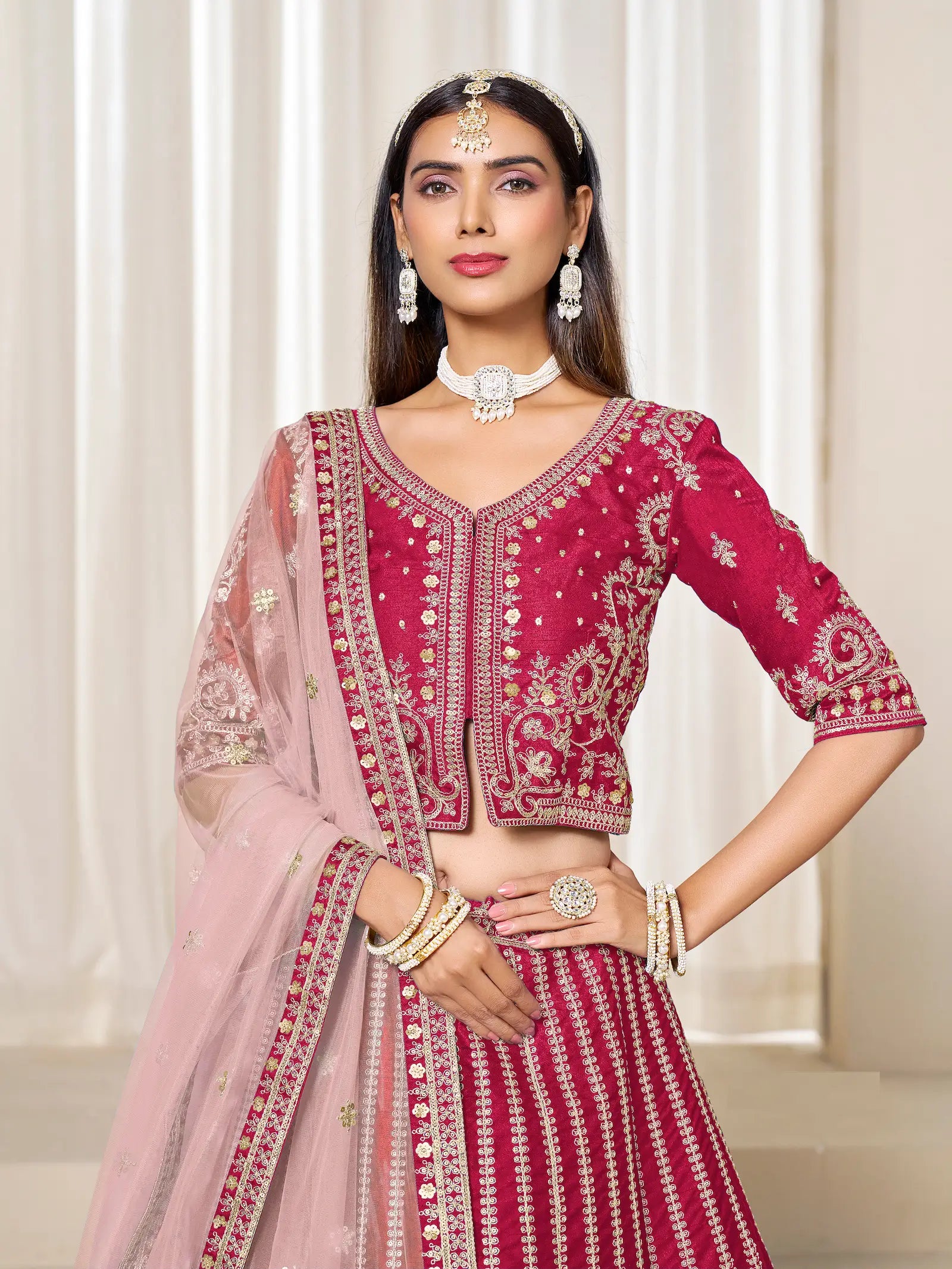 Red Art Silk Thread & Sequins Embroidery Lehenga Choli