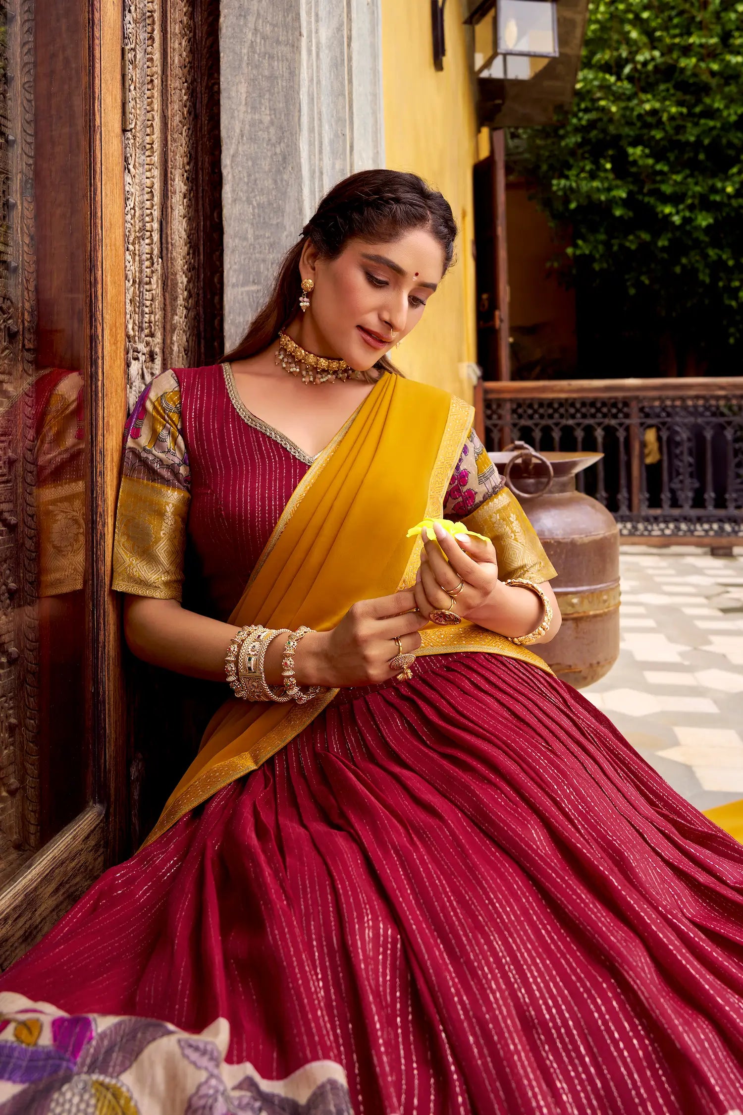 Red Chanderi Lehenga Choli With Kalamkari Print & Zari Weaving Work