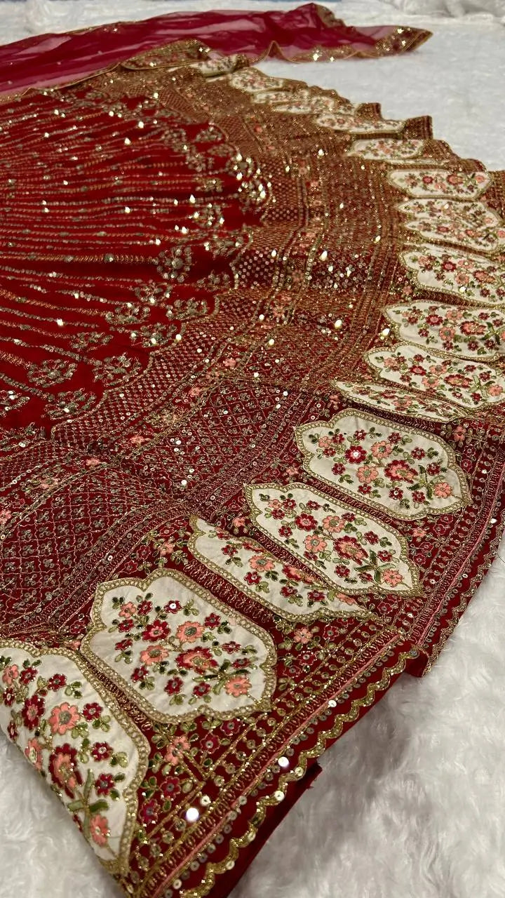 Red Rangoon Silk Sequence, Thread & Dori Work Lehenga Choli