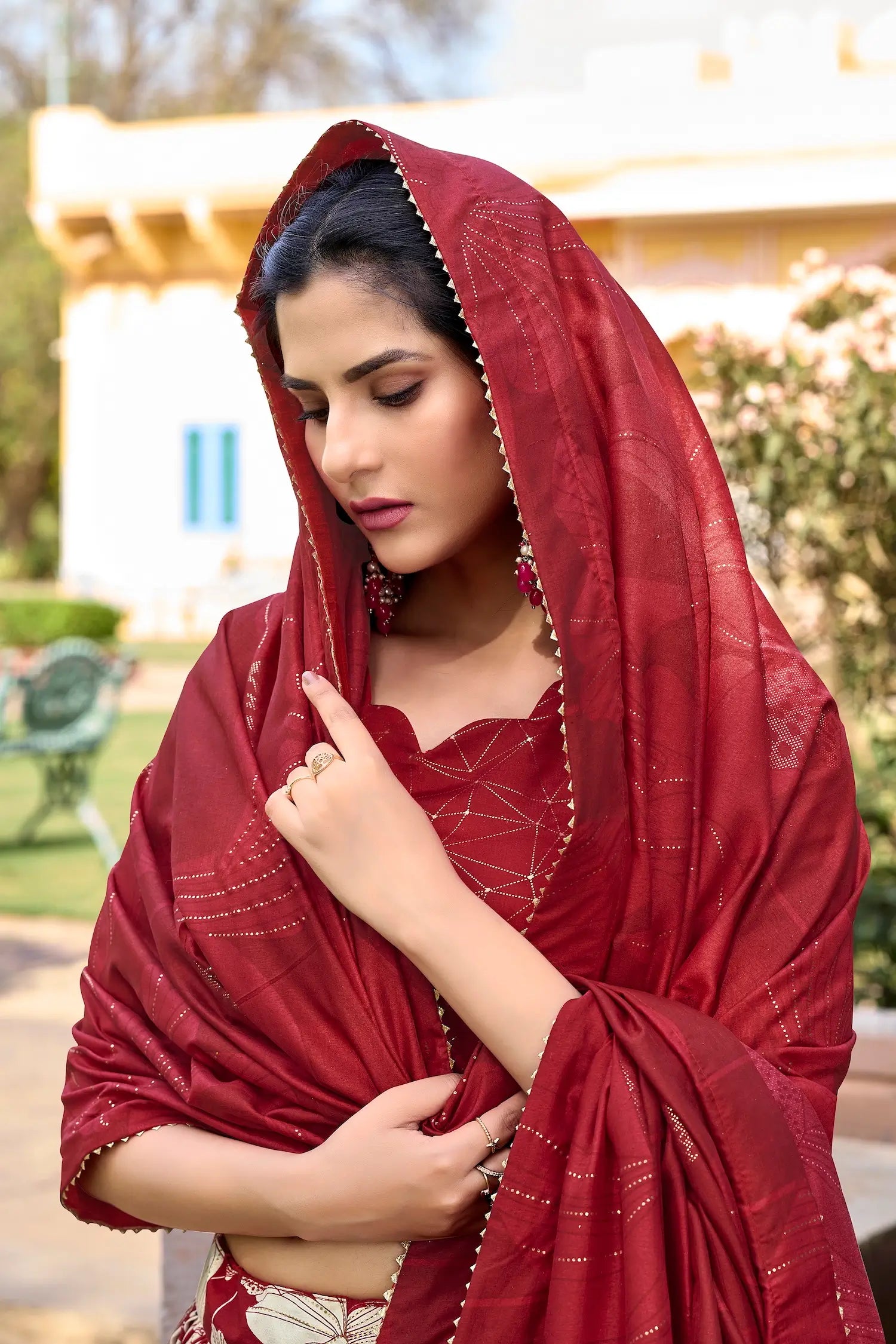 Red Tussar Silk Floral Printed Lehenga Choli