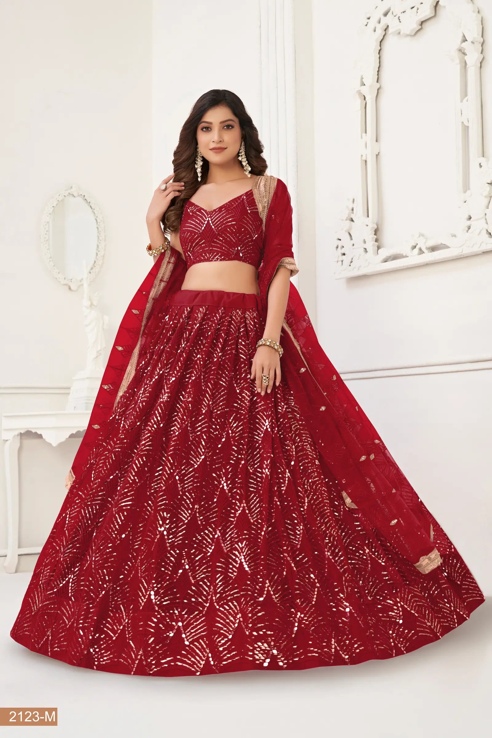 Rich Maroon Net Embroidery Lehenga Choli