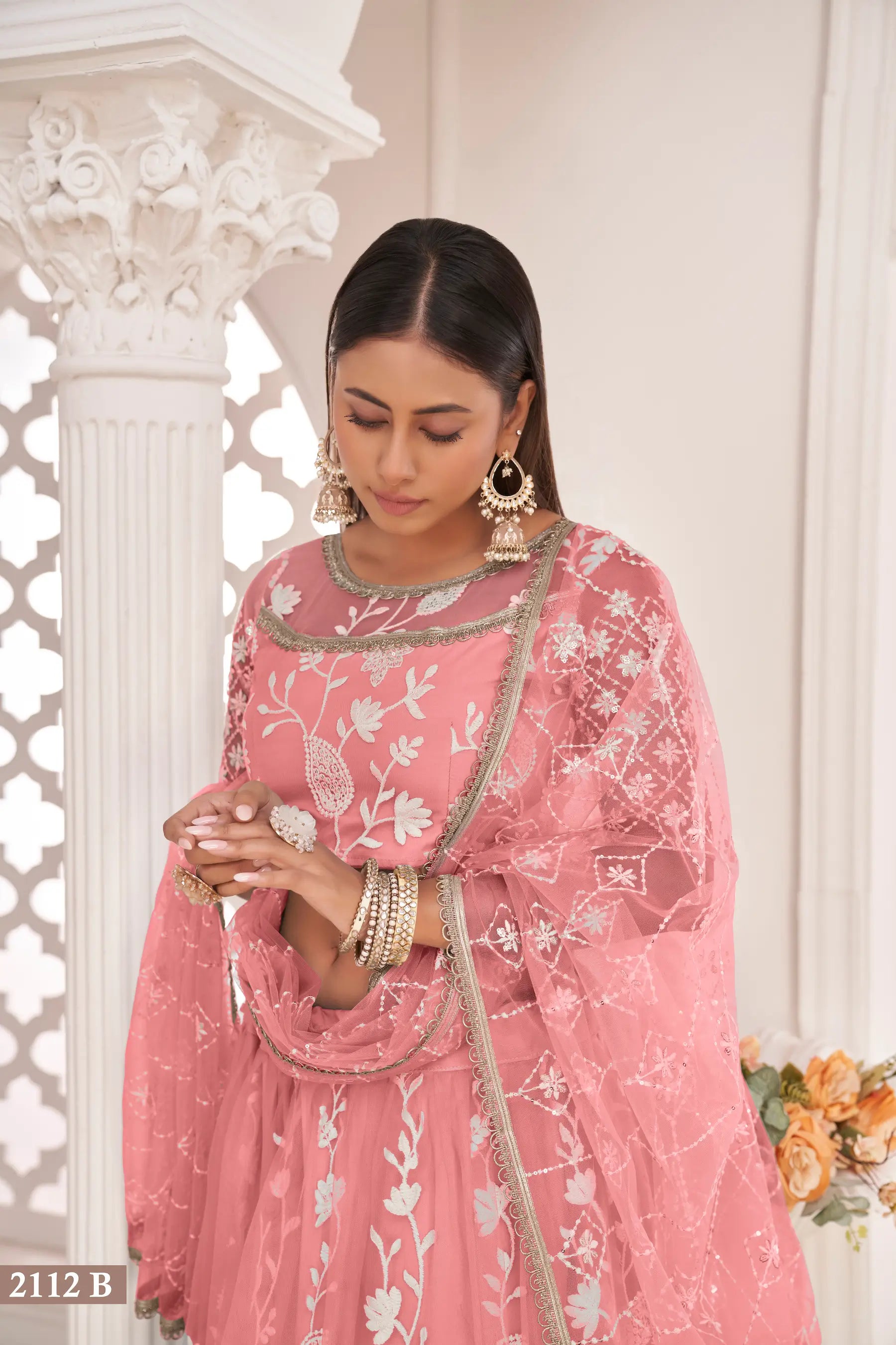 Rose Pink Net Lehenga Choli With White Cotton Thread Work, Zari Work & Sequence Work