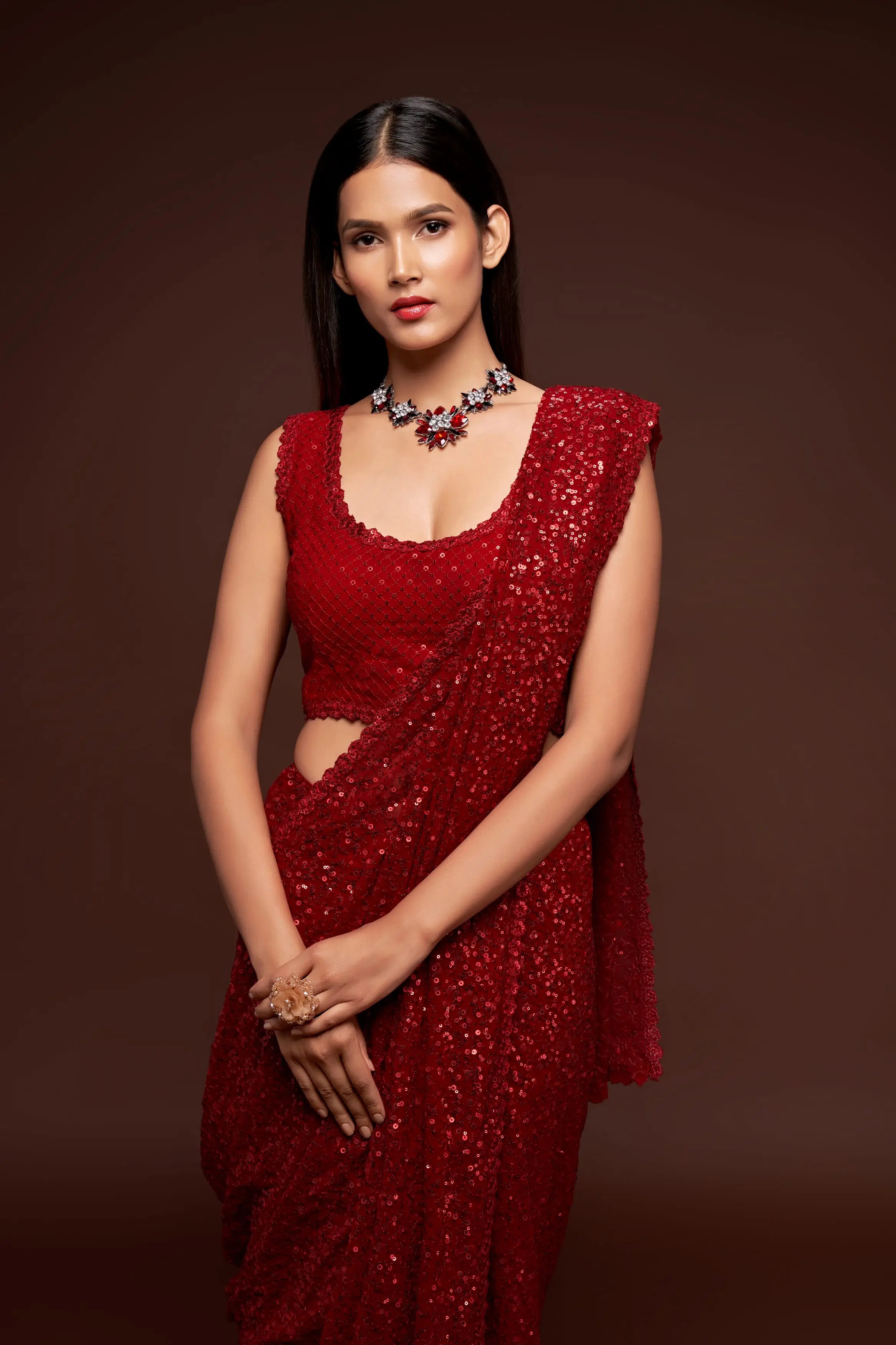 Ruby Red Georgette Saree with Thread And Multiple Sequins Embroidery Work