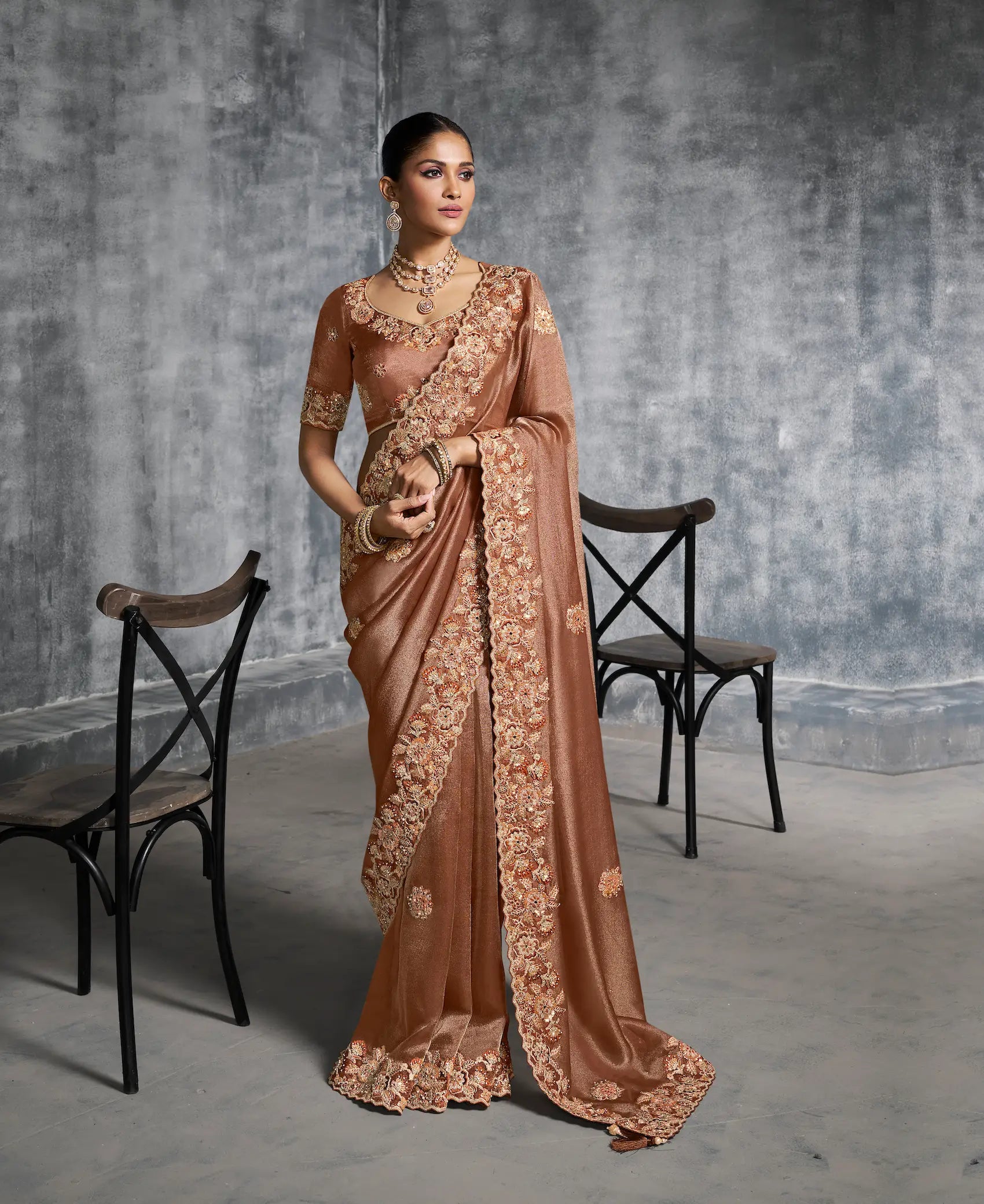 Rust Brown Zari Tissue Hand Work & Embroidery Saree