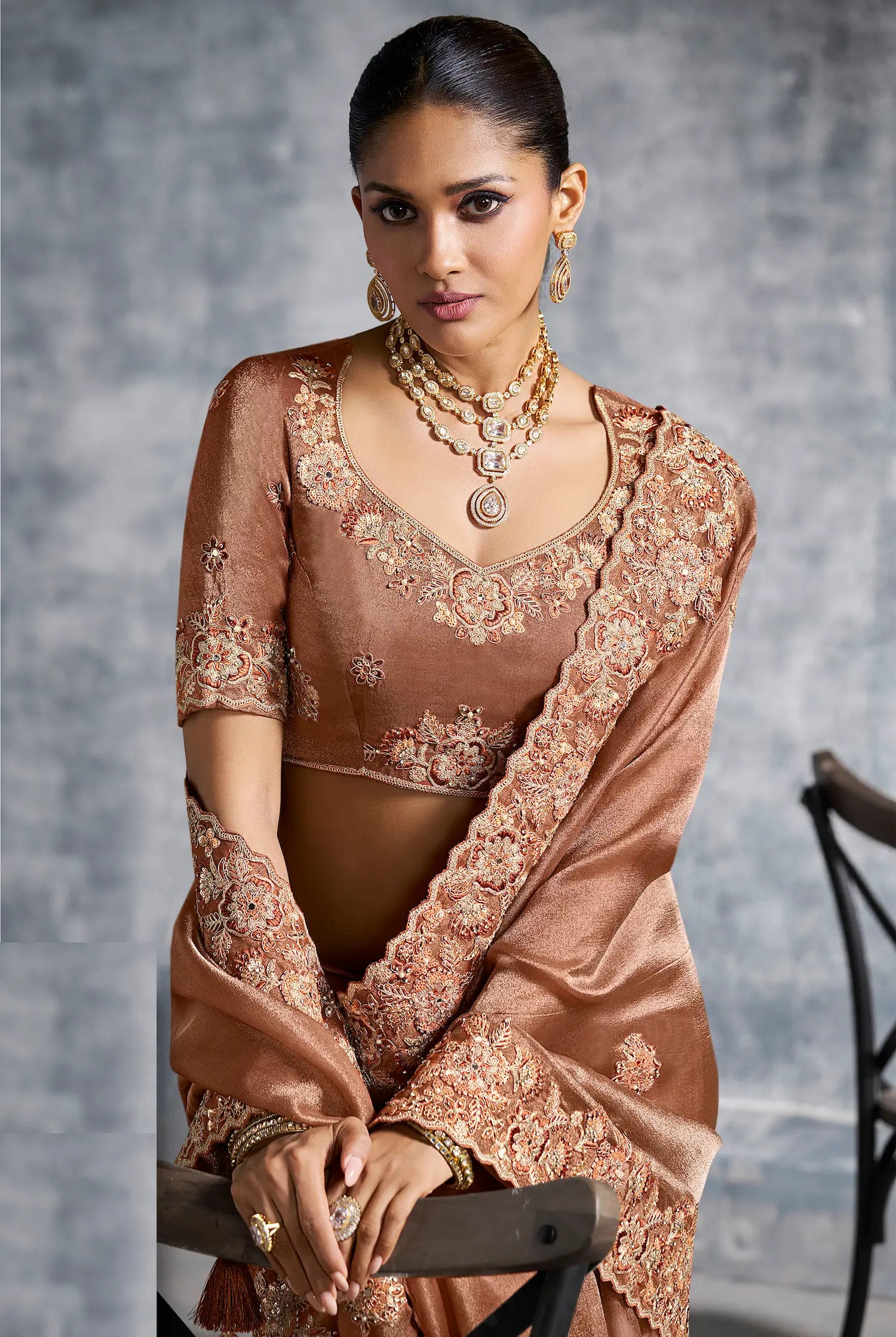 Rust Brown Zari Tissue Hand Work & Embroidery Saree