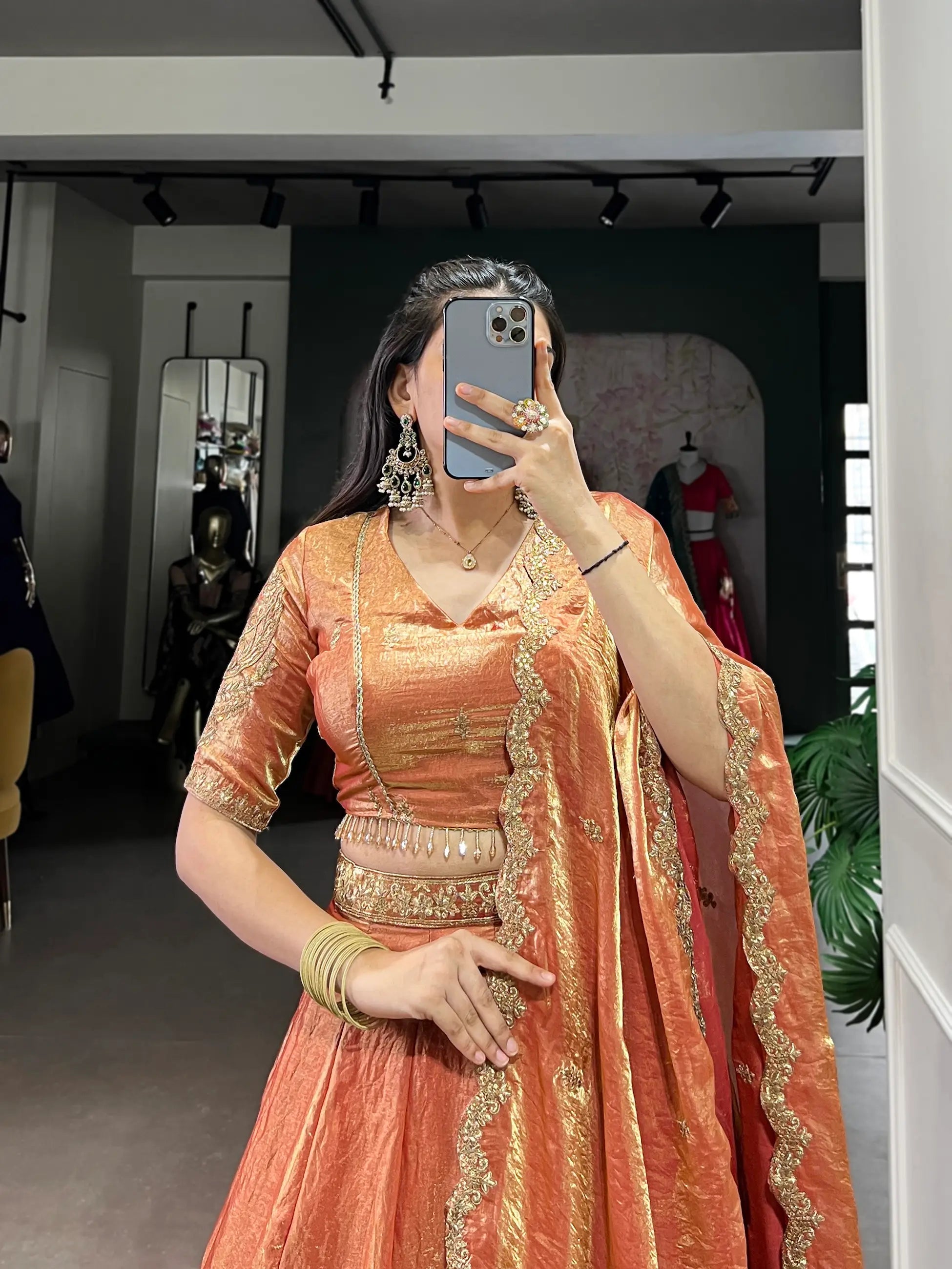 Rust Orange Fendi Silk Sequins Embroidery Lehenga Choli