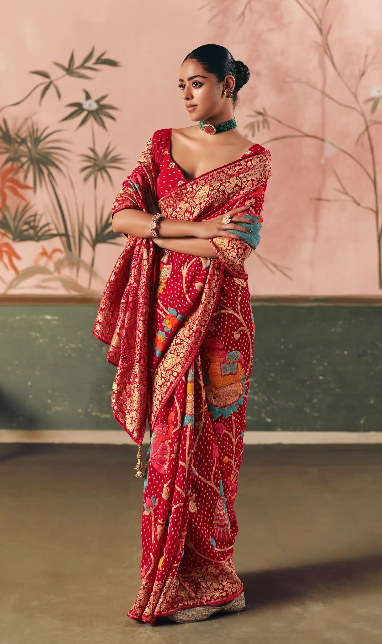 Scarlet Red Georgette Bandhej Weaving Saree