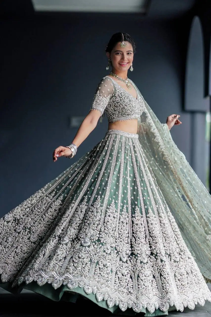 Sea Green Net Lehenga Choli With Sequence & Dori Work