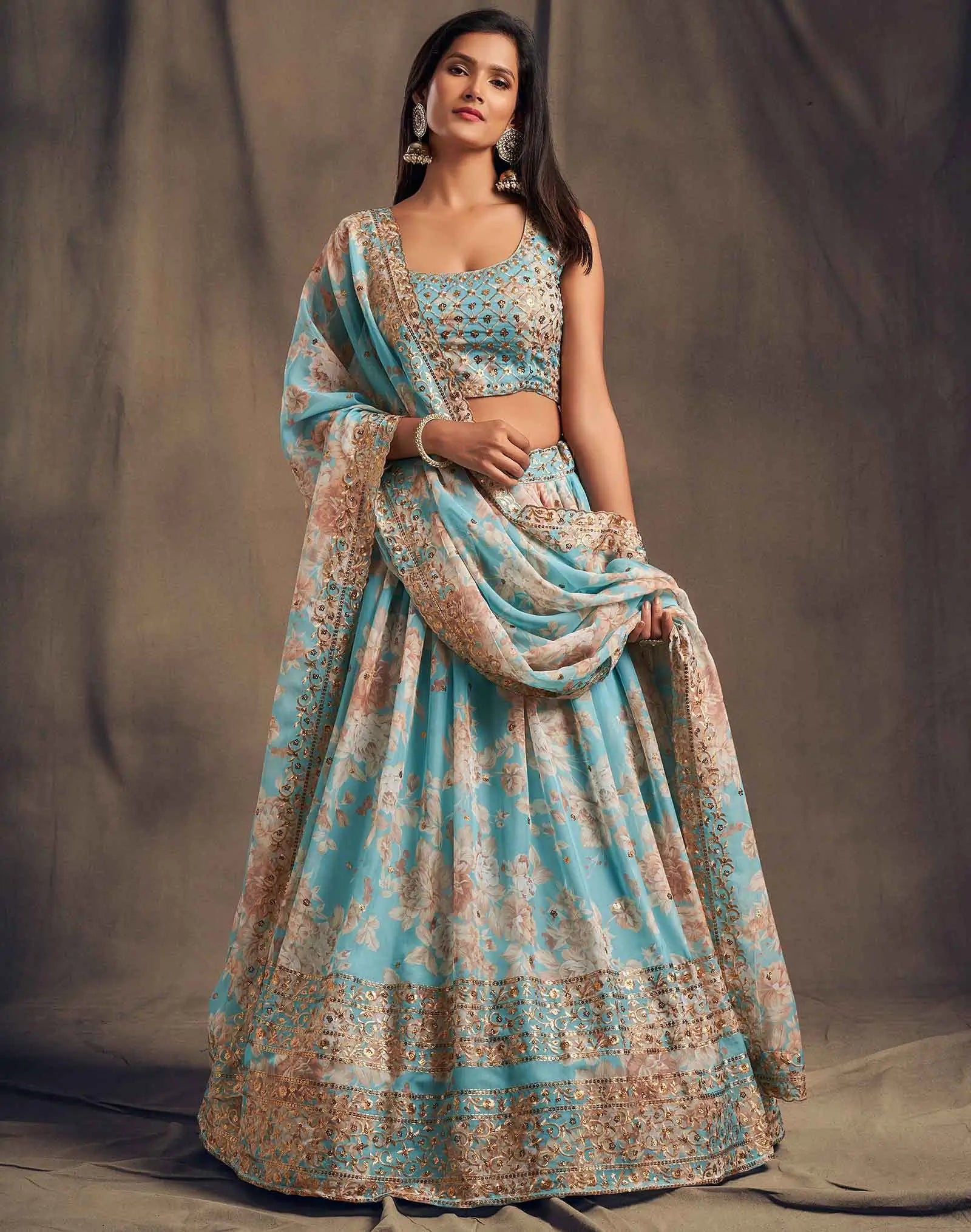 Sky Blue Floral Print Organza Lehenga With Sequins Work