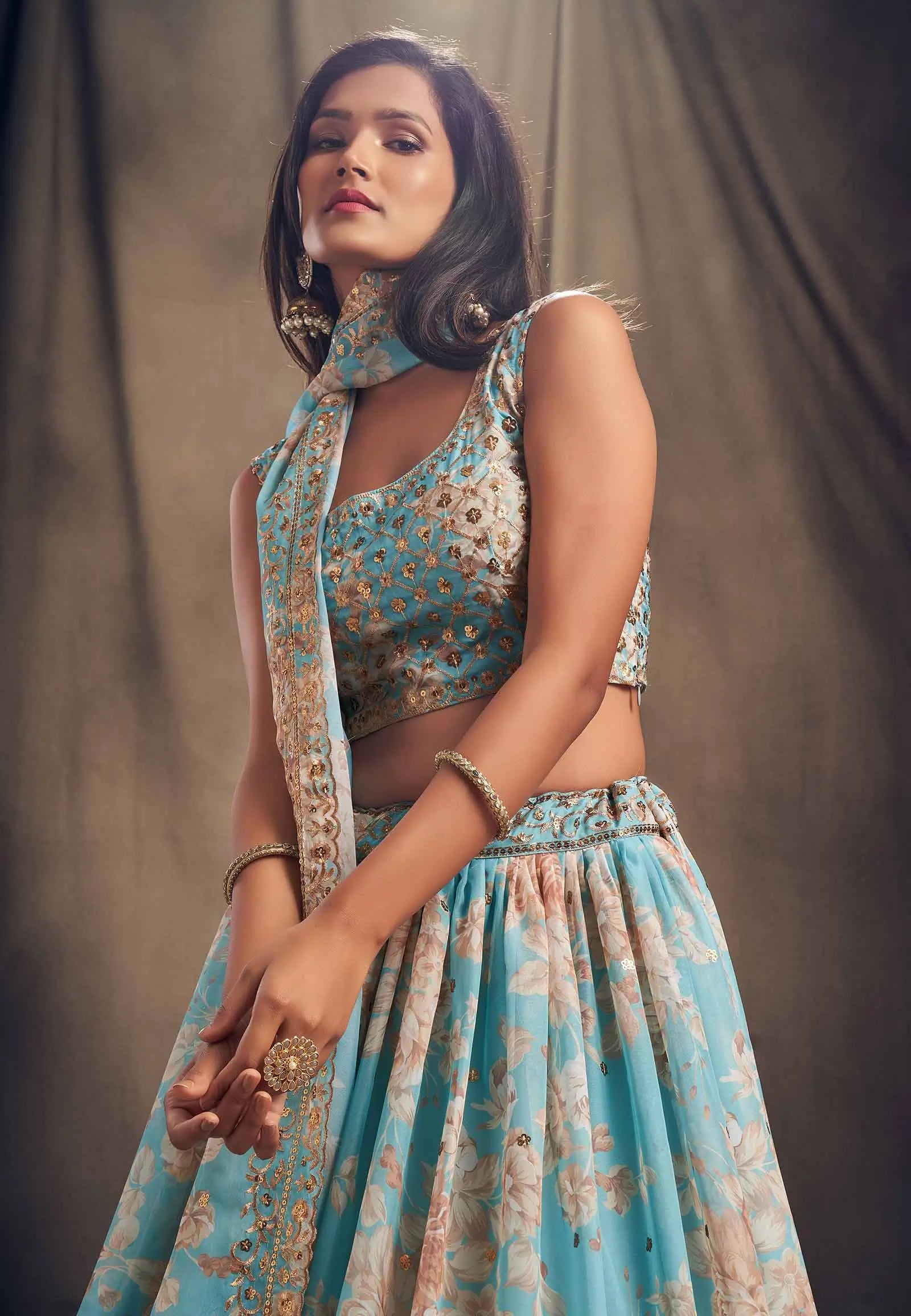 Sky Blue Floral Print Organza Lehenga With Sequins Work