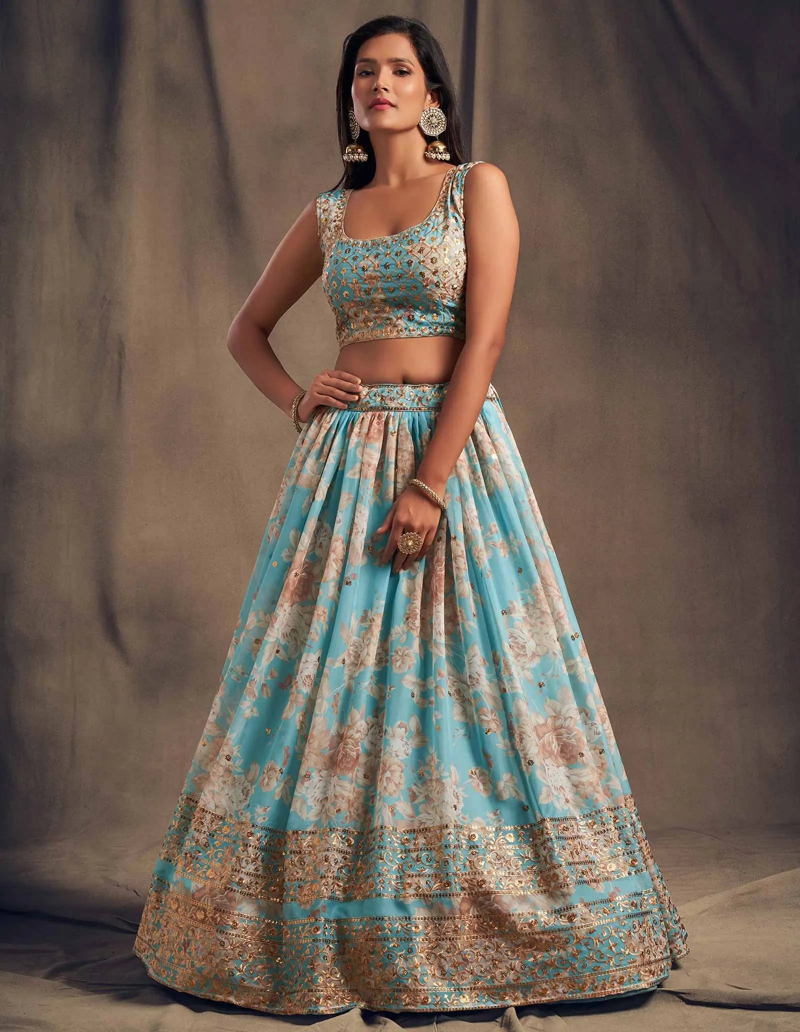 Sky Blue Floral Print Organza Lehenga With Sequins Work