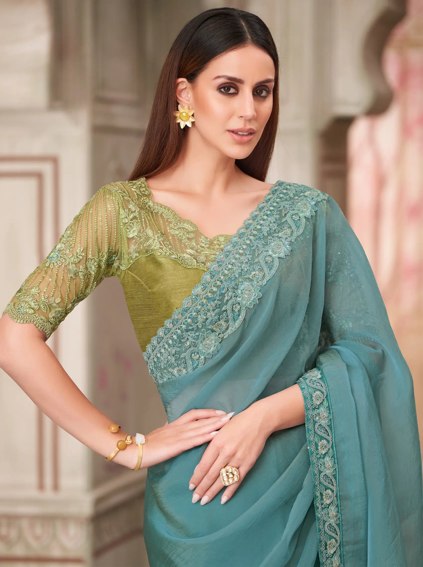 Sky Blue Georgette Silk Party Wear Saree With Sequence & Thread Embroidery Work