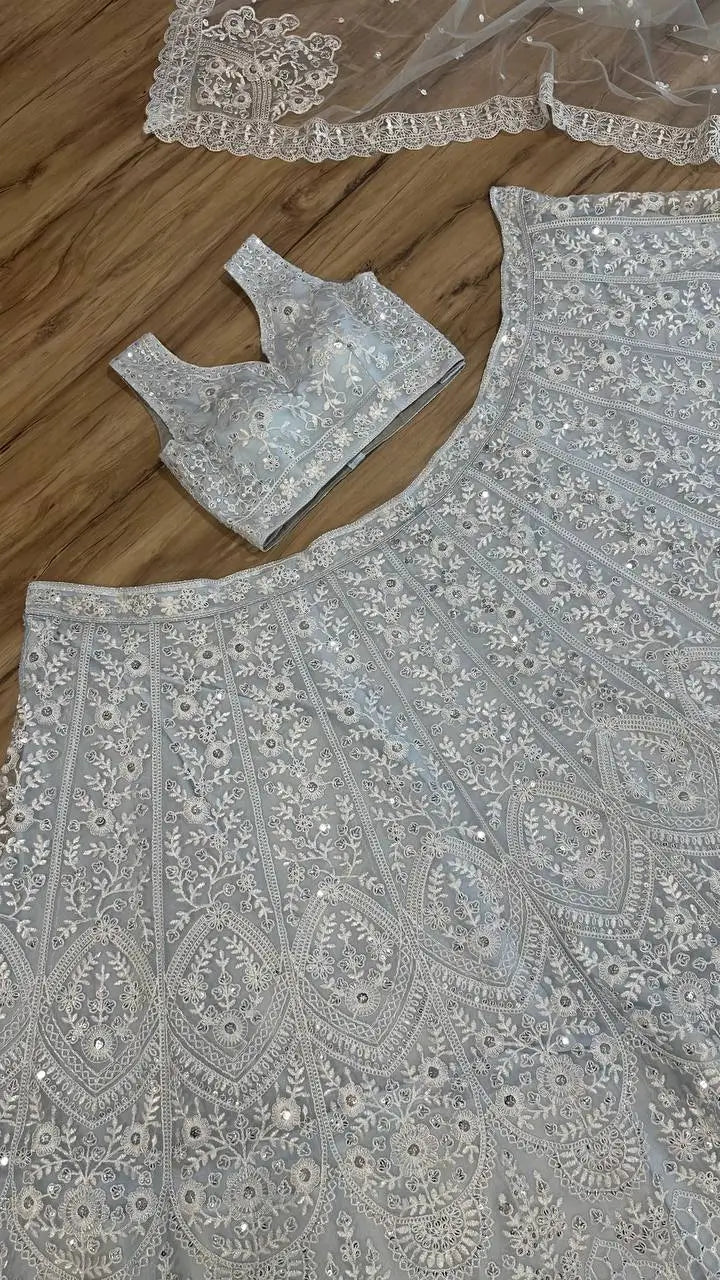 Sky Blue Net Sequence & Thread Work Lehenga Choli