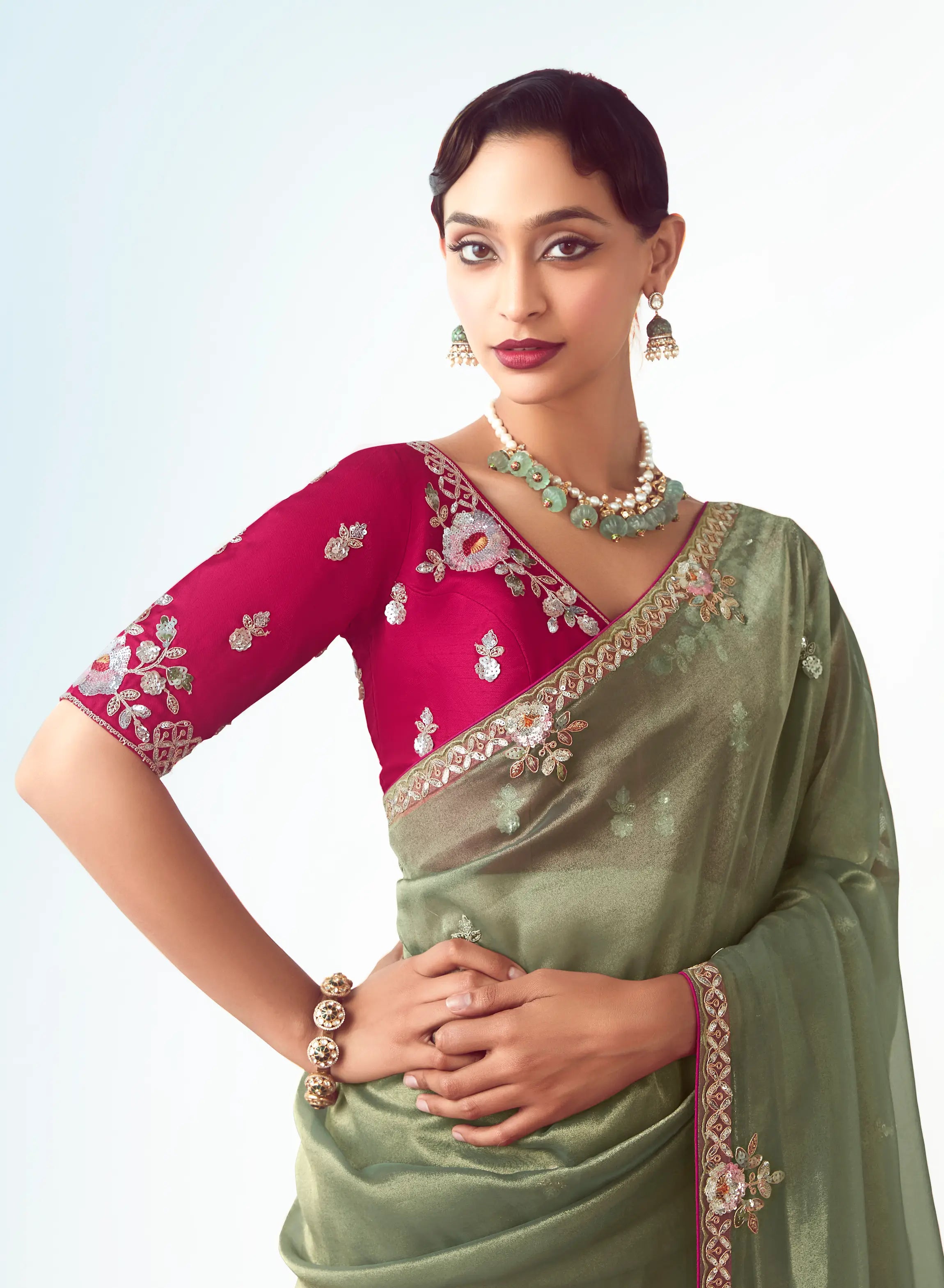 Smoky Green Party Wear Saree With Embroidery & Hand Work
