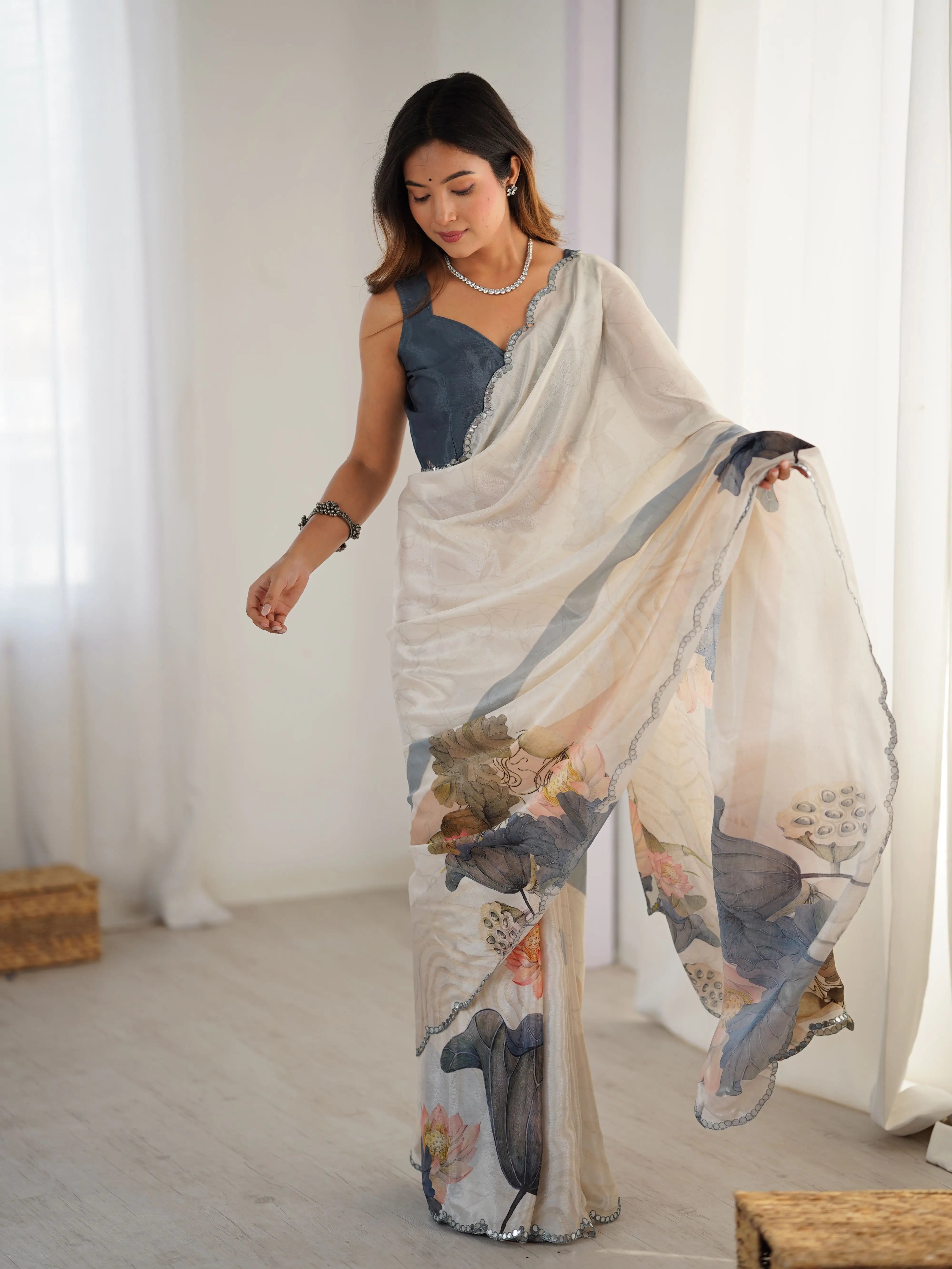 Soft Amber Beige Digital Floral Print With Mirror Cut Work Saree