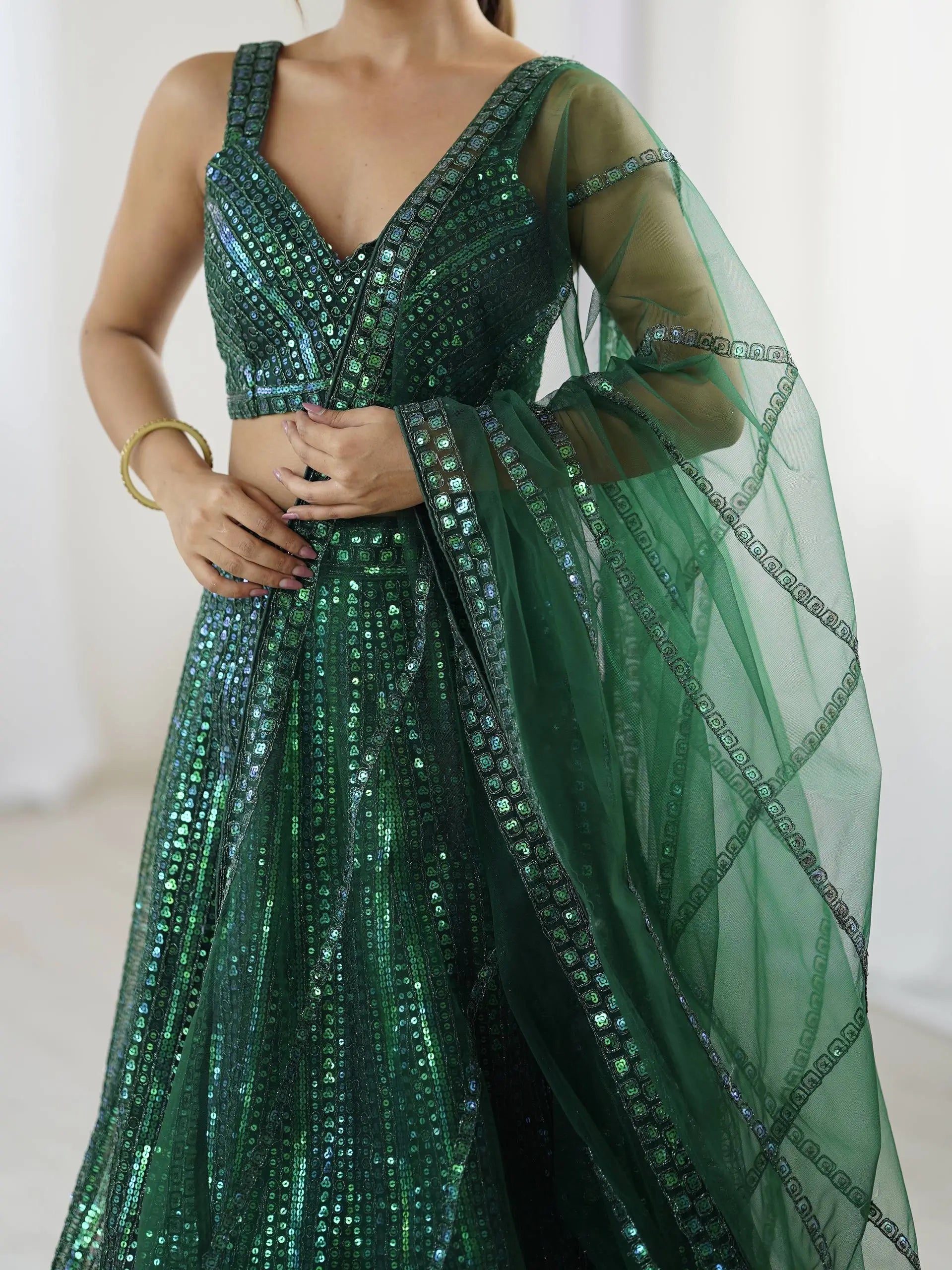 Sparkly Green Net Lehenga Choli With Sequins & Dori Work