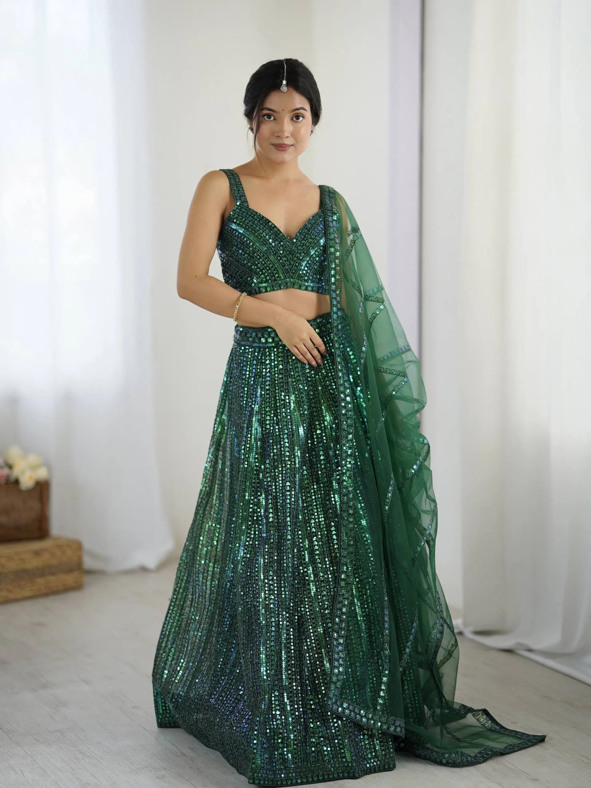 Sparkly Green Net Lehenga Choli With Sequins & Dori Work