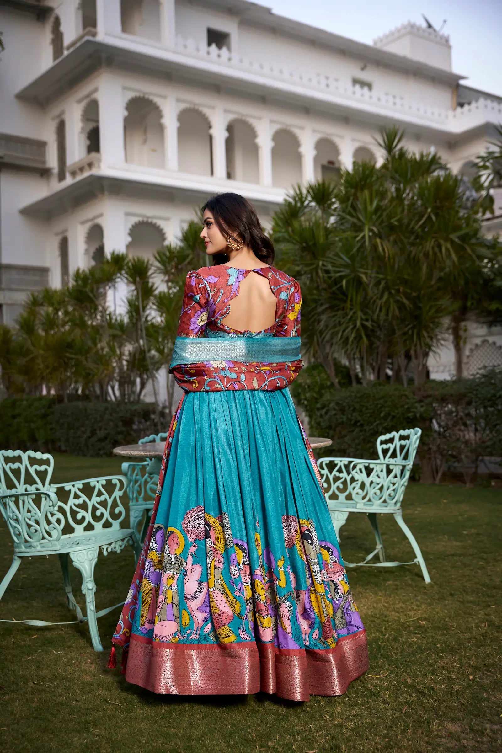 Teal Blue dola Silk Kalamkari Printed Lehenga Choli