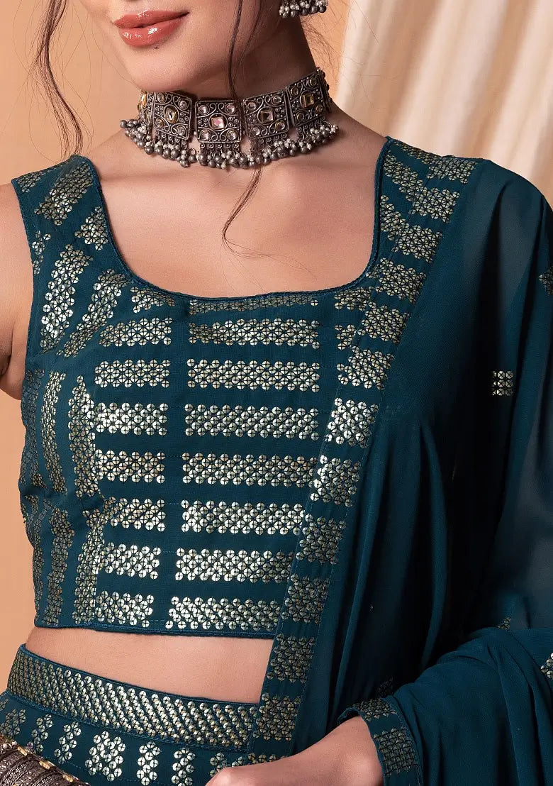 Teal Blue Georgette Sequins And Thread Embroidered Lehenga choli