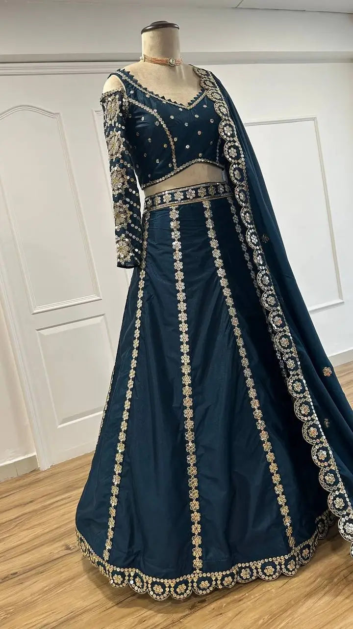Teal Blue Malai Silk Lehenga Choli With Sequence & Zari Work