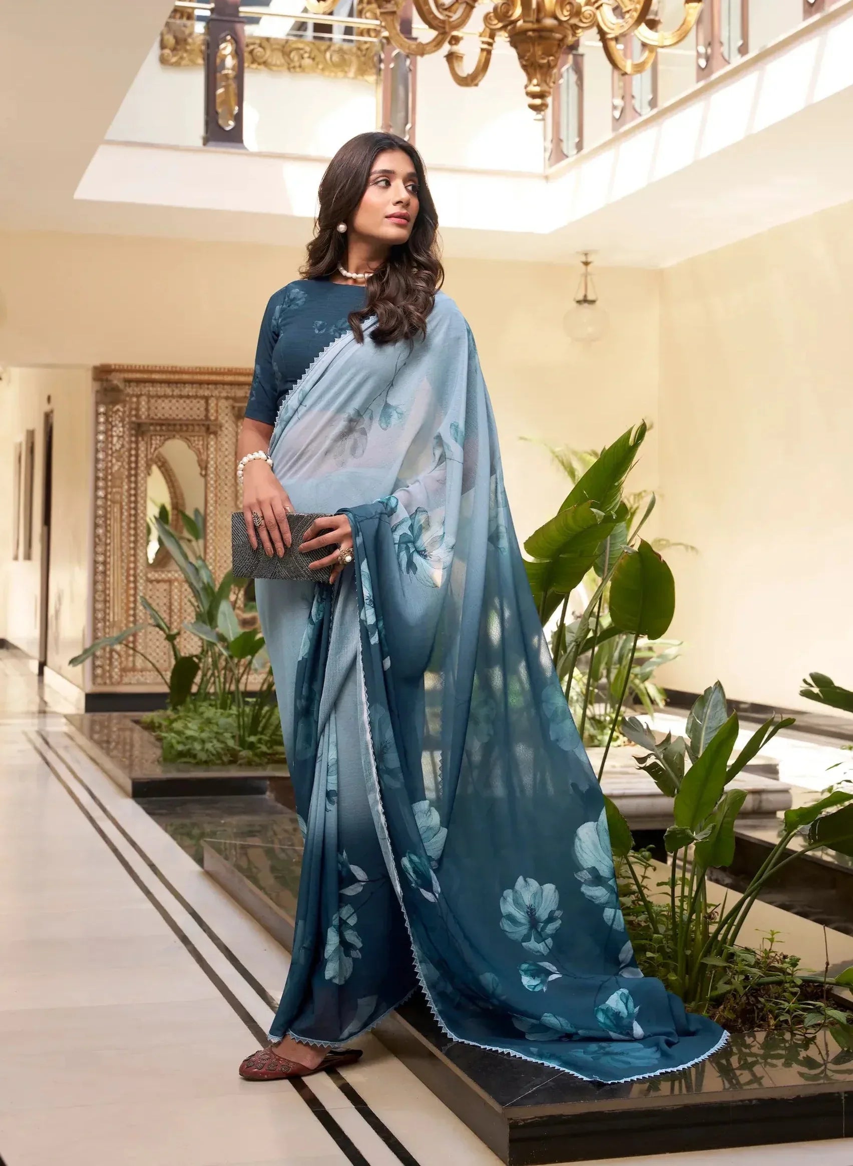 Teal Blue Weightless Marbal Saree With Floral Print & Lace Border