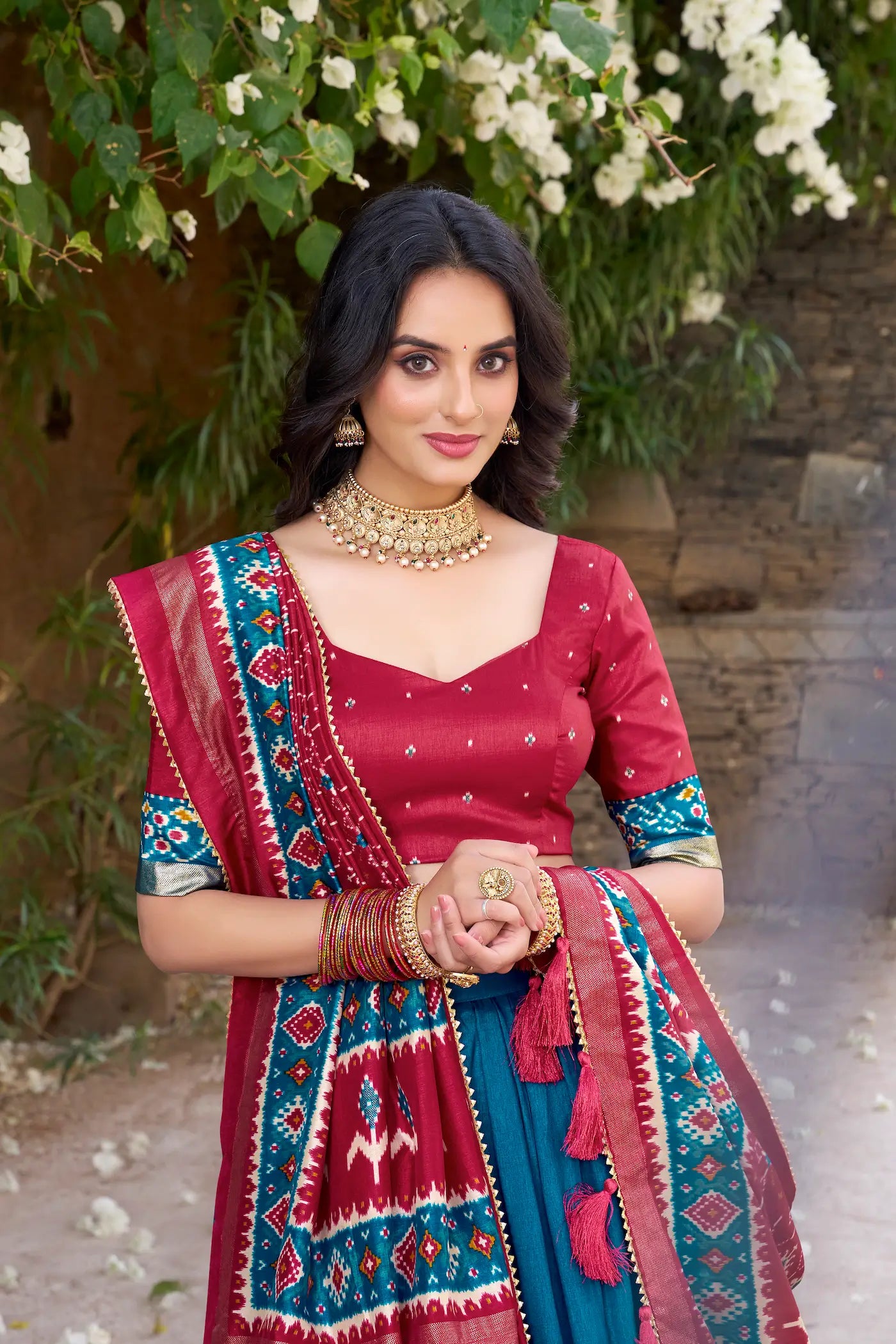 Teal Tussar Silk Patola Print And Foil Work Lehenga Choli