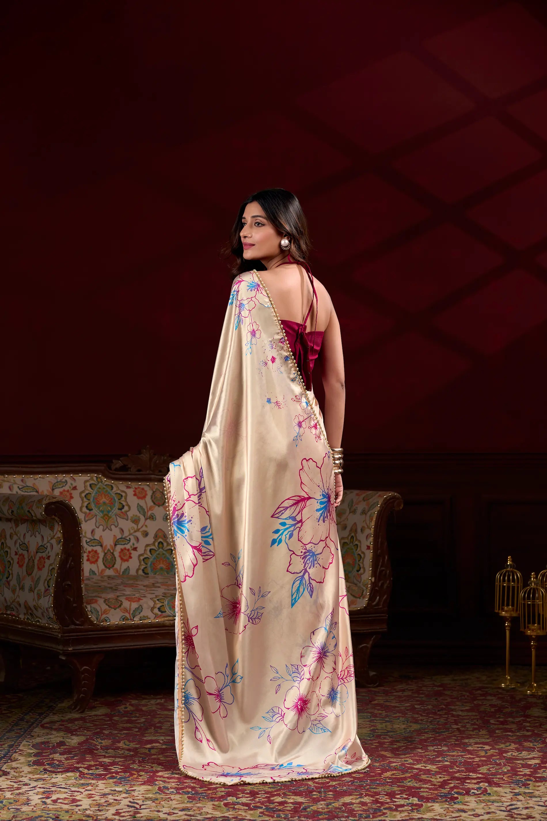 Warm Beige Satin Silk Floral Saree