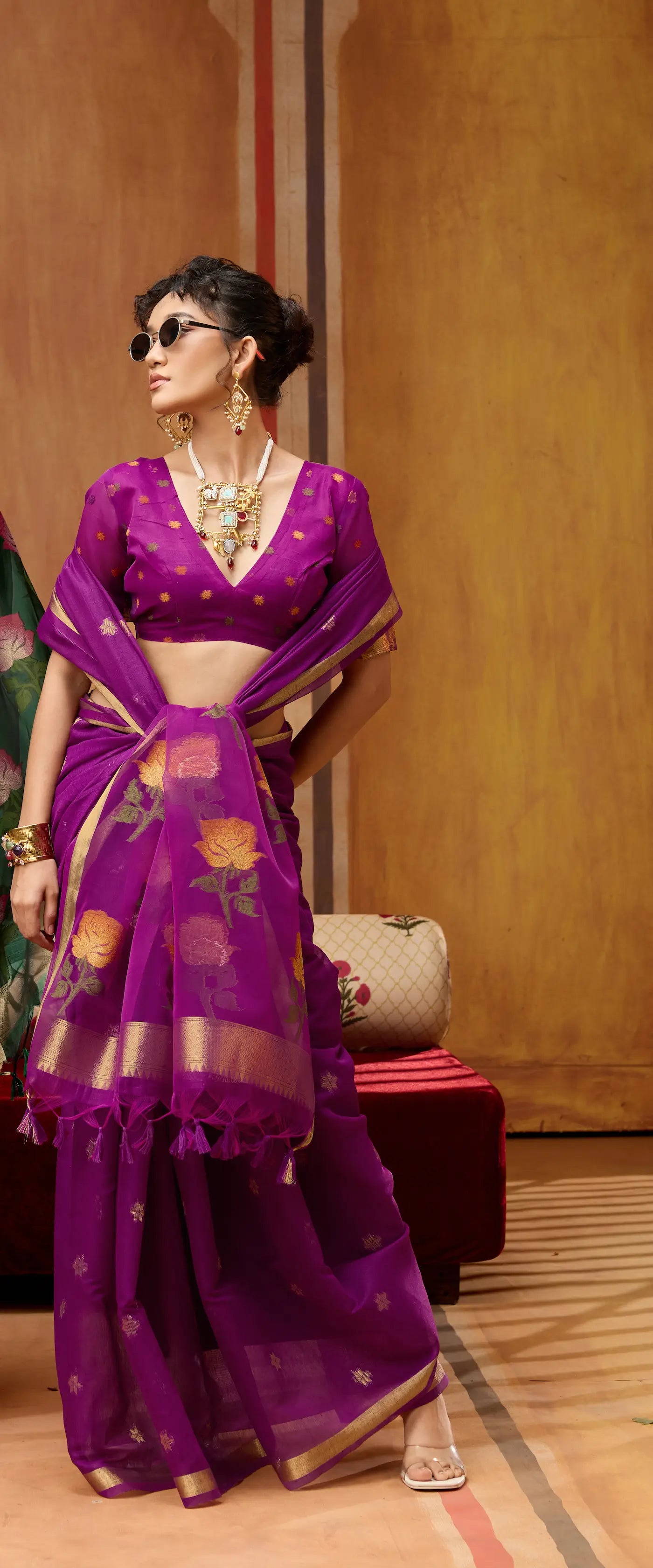 Warm Purple Cotton Handloom Weaving Saree