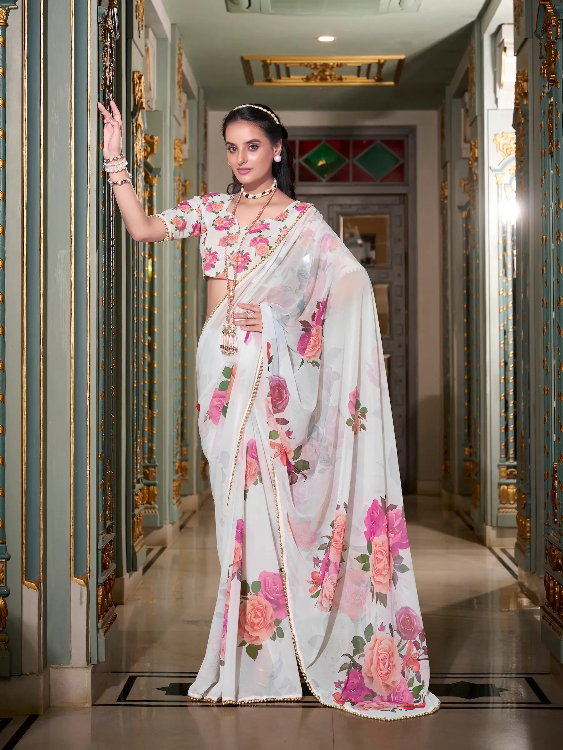 White Georgette Floral Print & Pearl Lace Border Saree