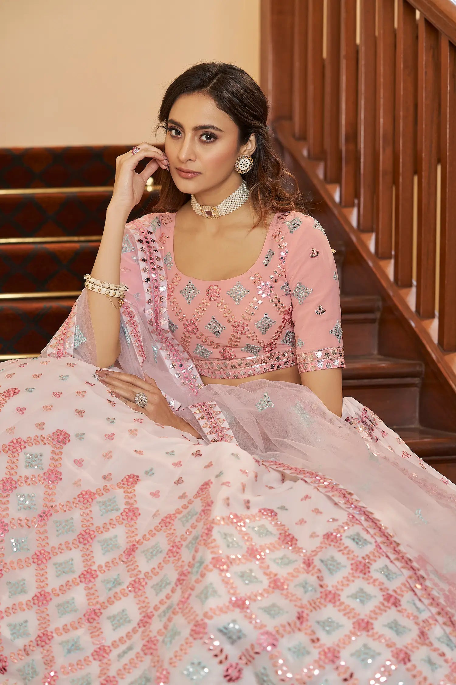 White Georgette Gota Patti With Thread Embroidered Work Lehenga Choli