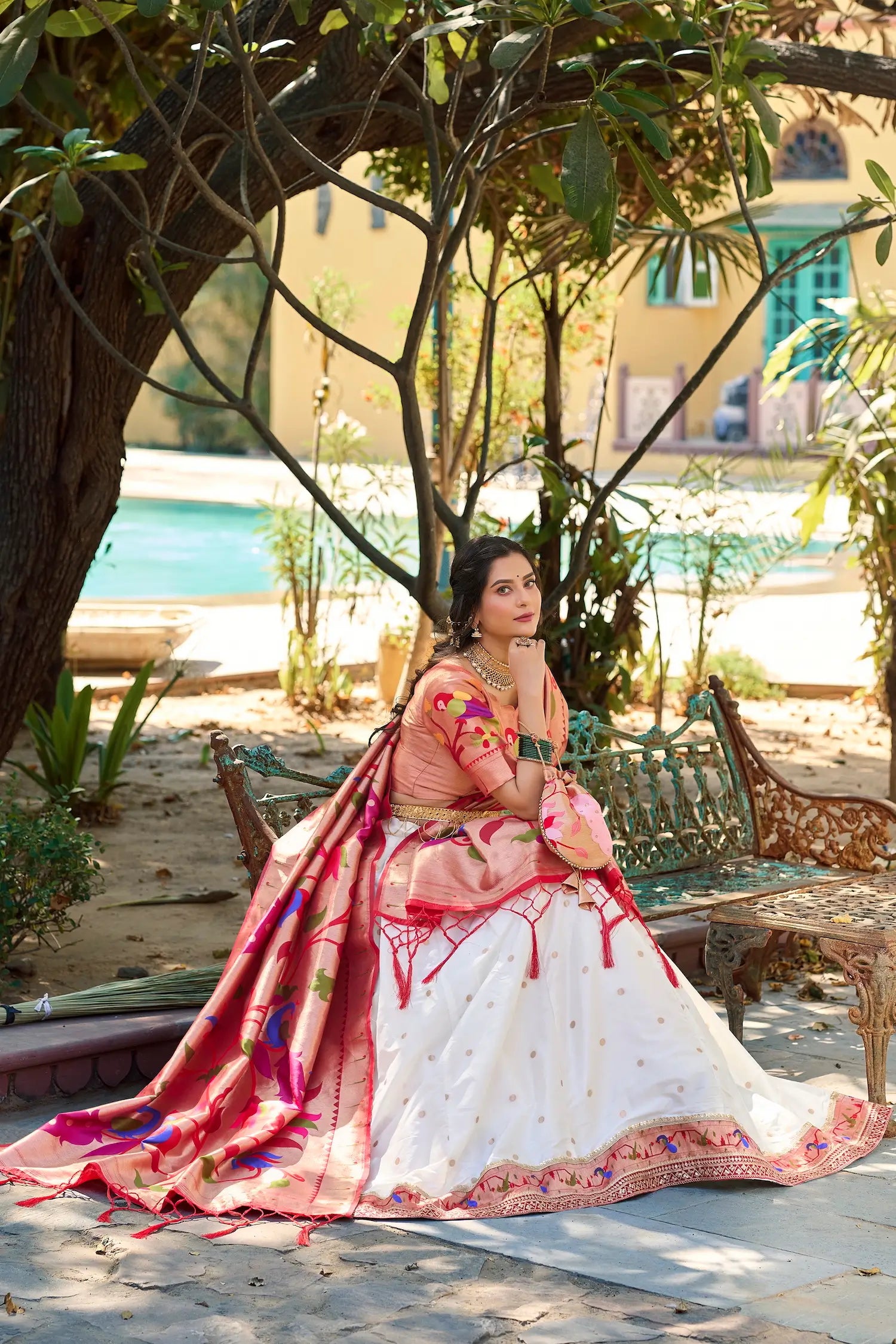 White Jacquard Silk Lehenga Choli With Zari Weaving Work