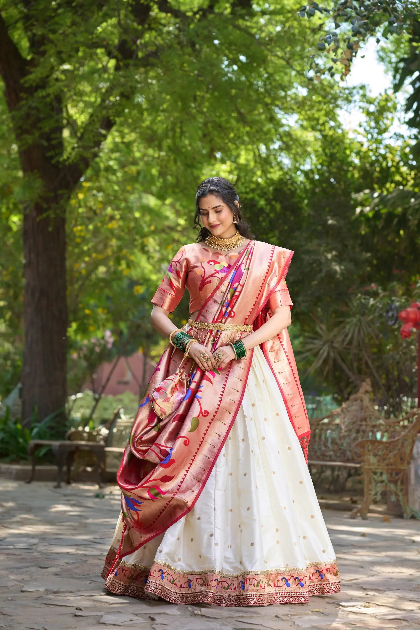 White Jacquard Silk Lehenga Choli With Zari Weaving Work