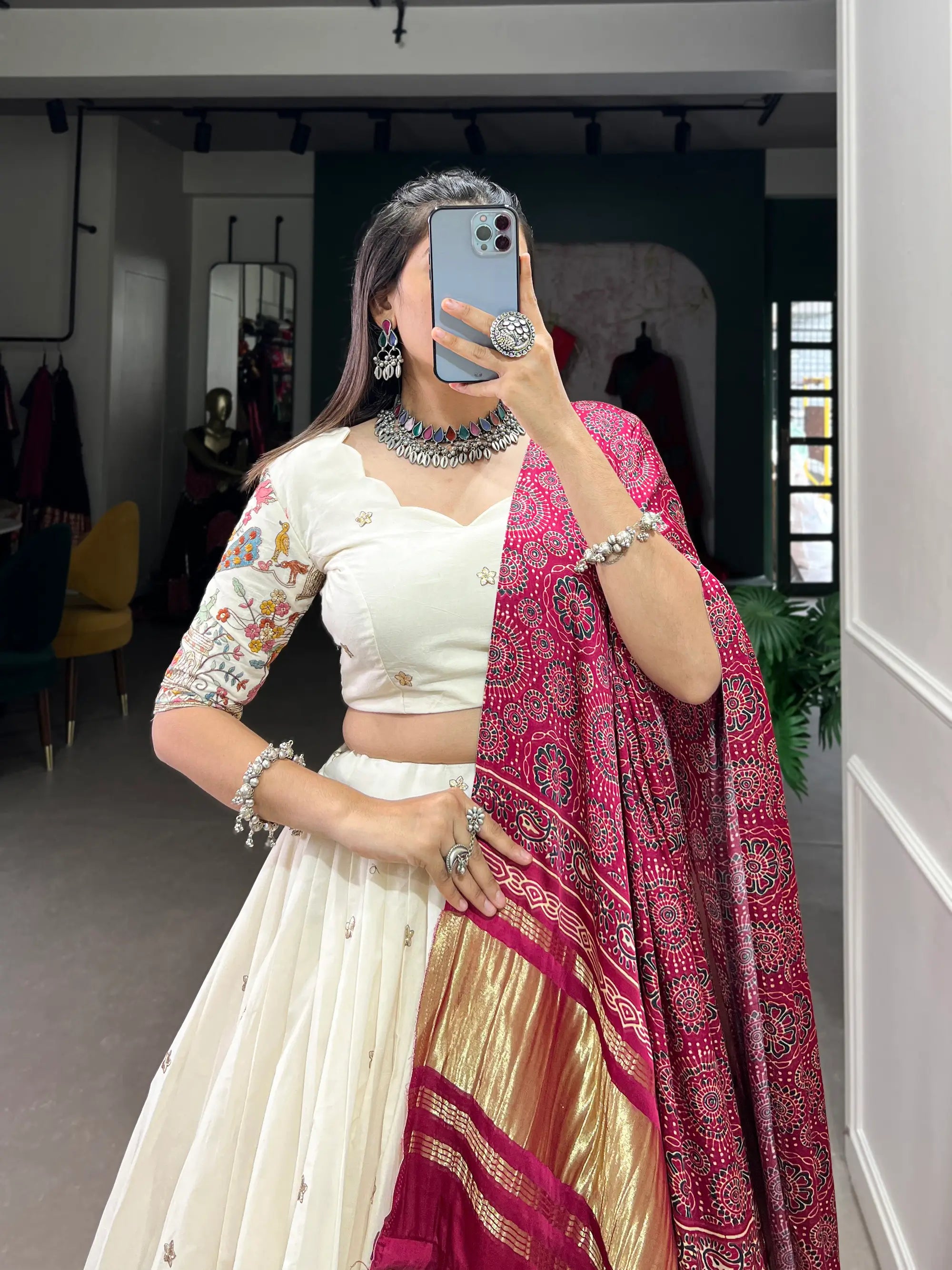 White Khadi Cotton Embroidery Lehenga Choli With Gaji Silk Dupatta
