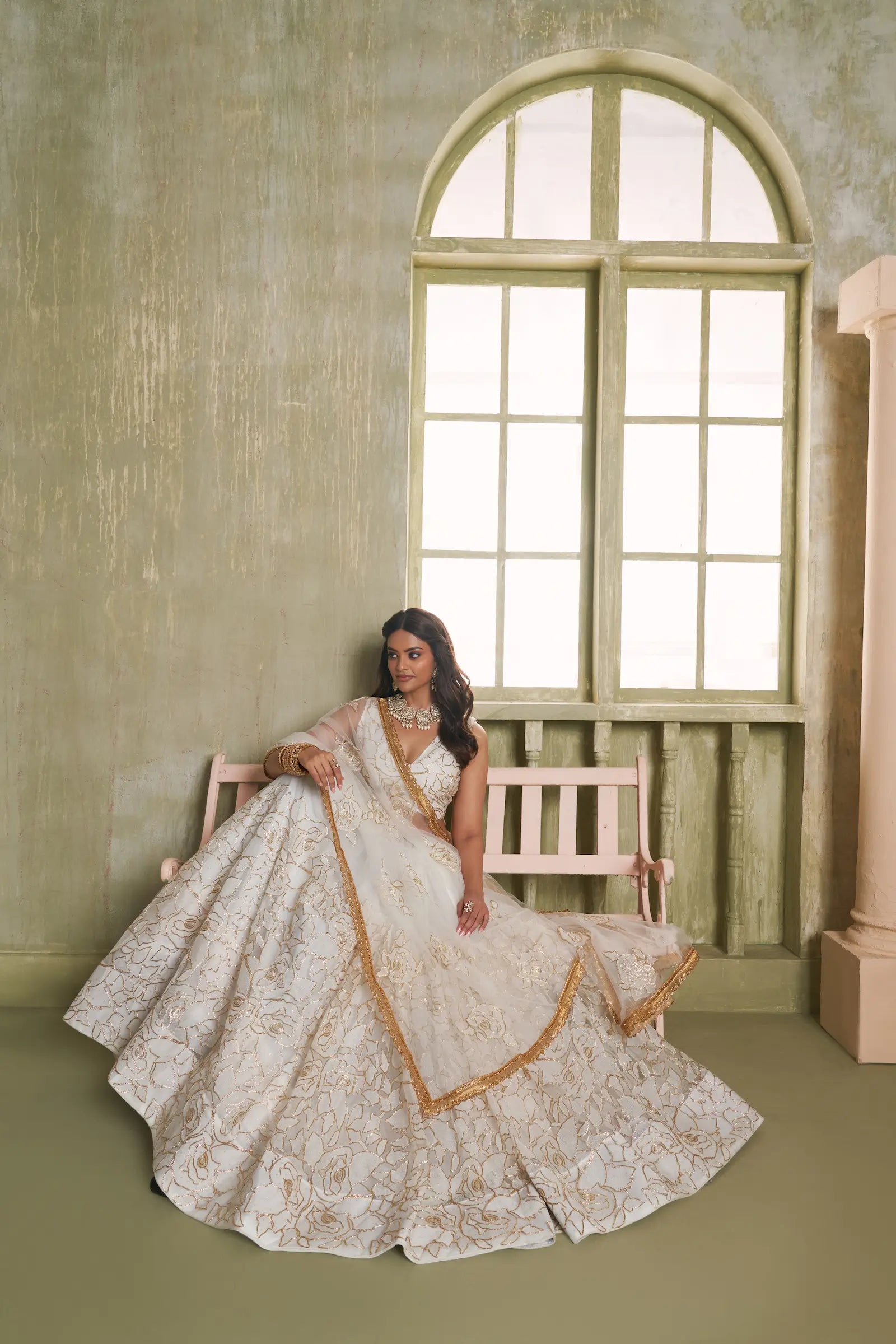 White Net Lehenga Choli With Cotton Thread Work & Sequence Embroidery Work