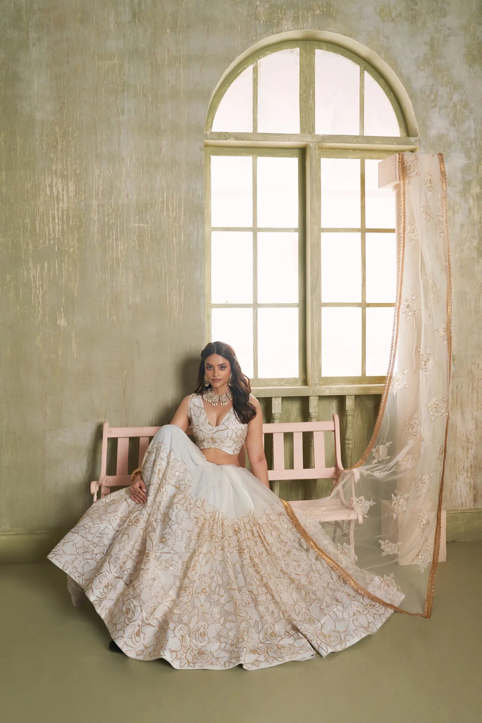 White Net Lehenga Choli With Cotton Thread Work & Sequence Embroidery Work