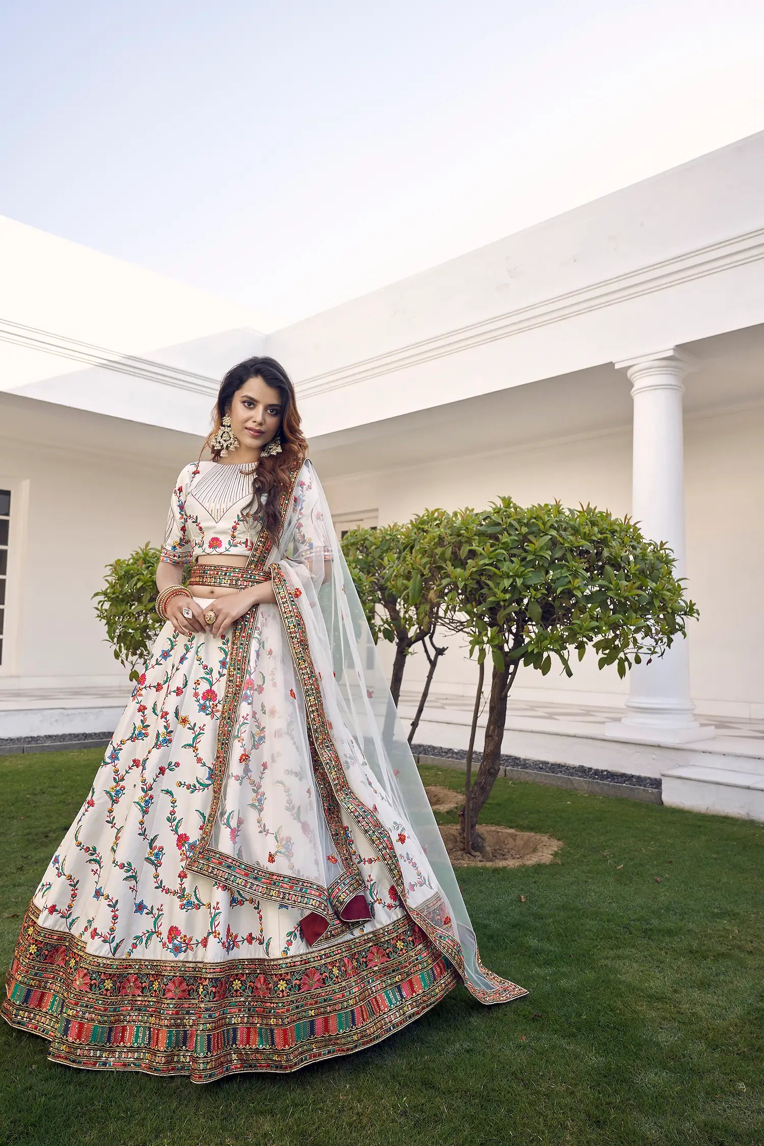 White Silk Thread with Sequence Embroidery Work Lehenga Choli