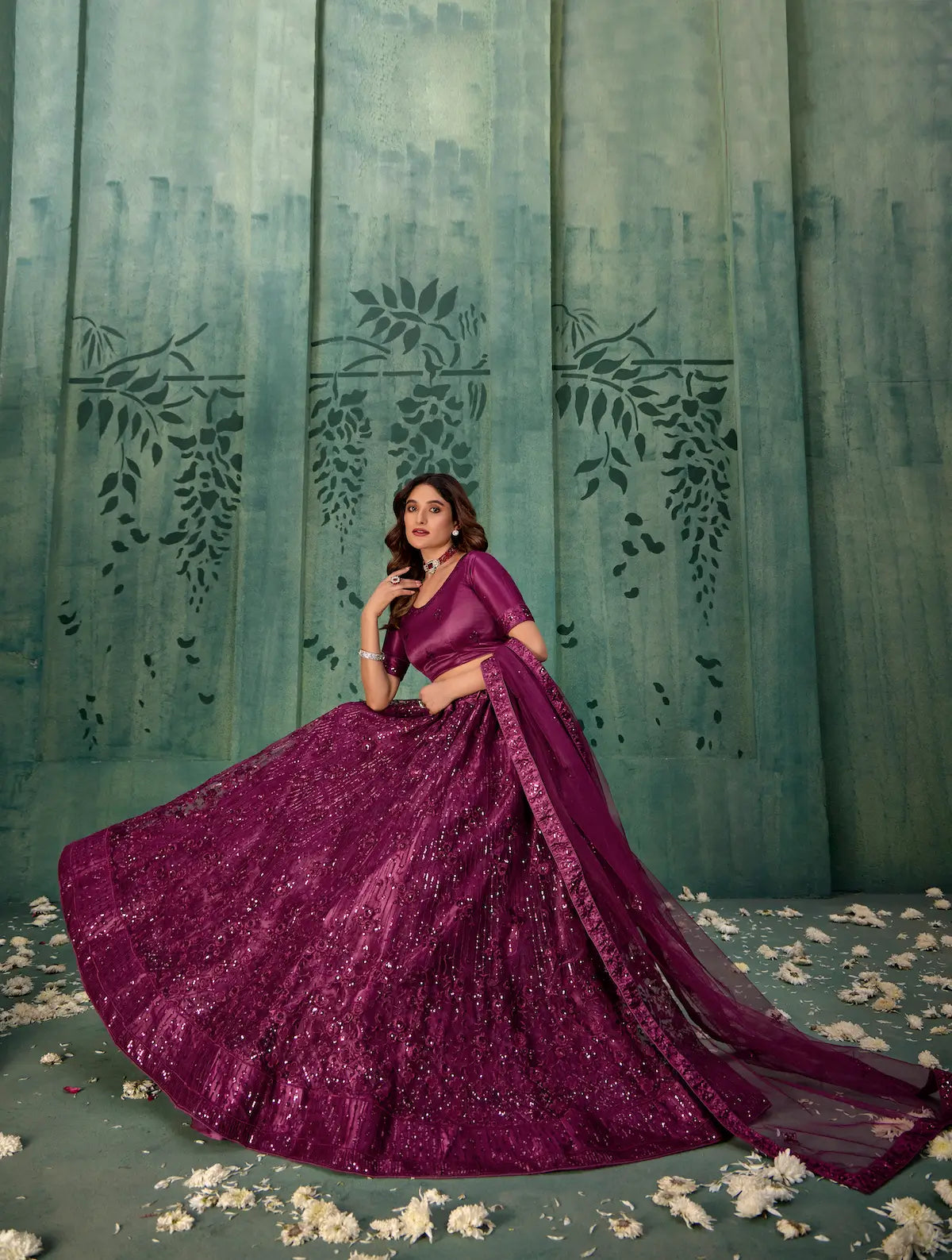 Wine Net Lehenga Choli With Thread & Sequence Embroidery Work