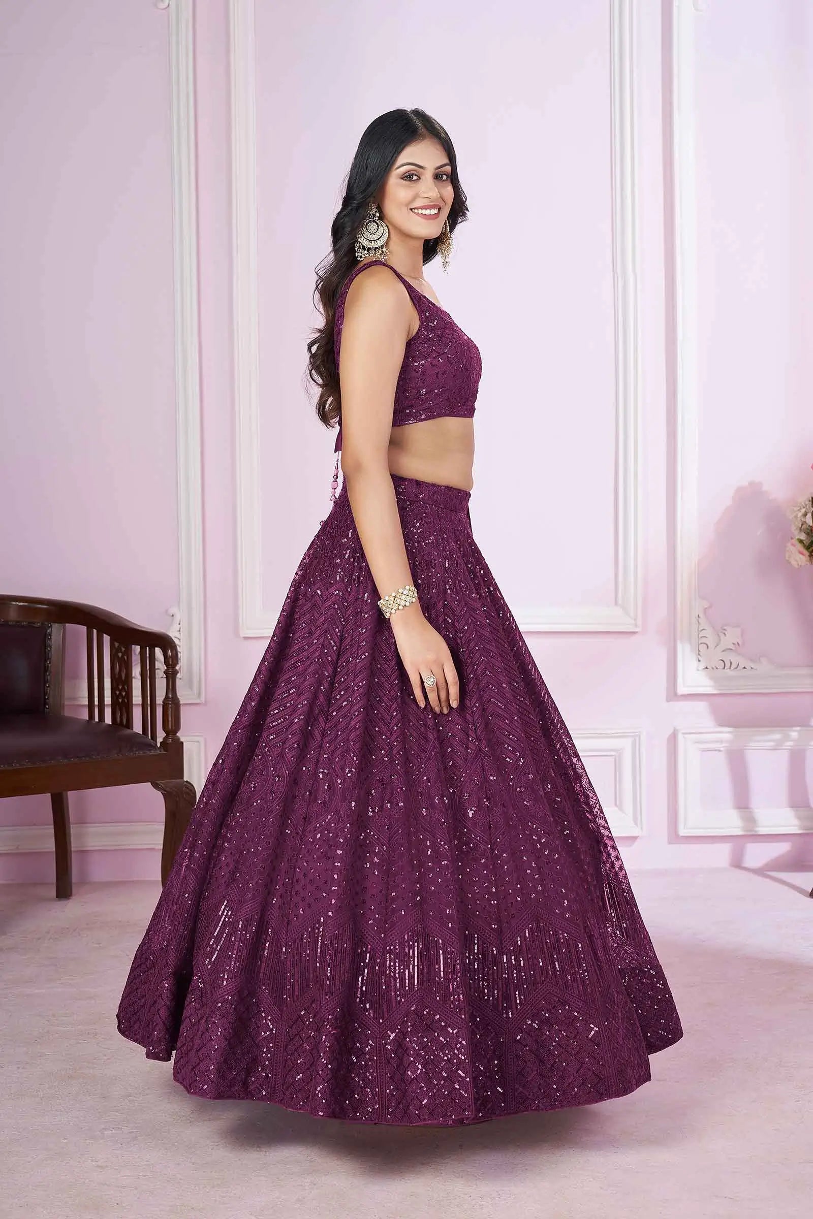 Wine Soft Net Lehenga With Sequins And Thread Embroidered Work