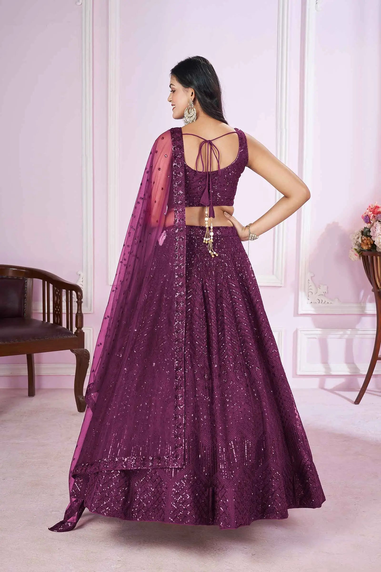 Wine Soft Net Lehenga With Sequins And Thread Embroidered Work