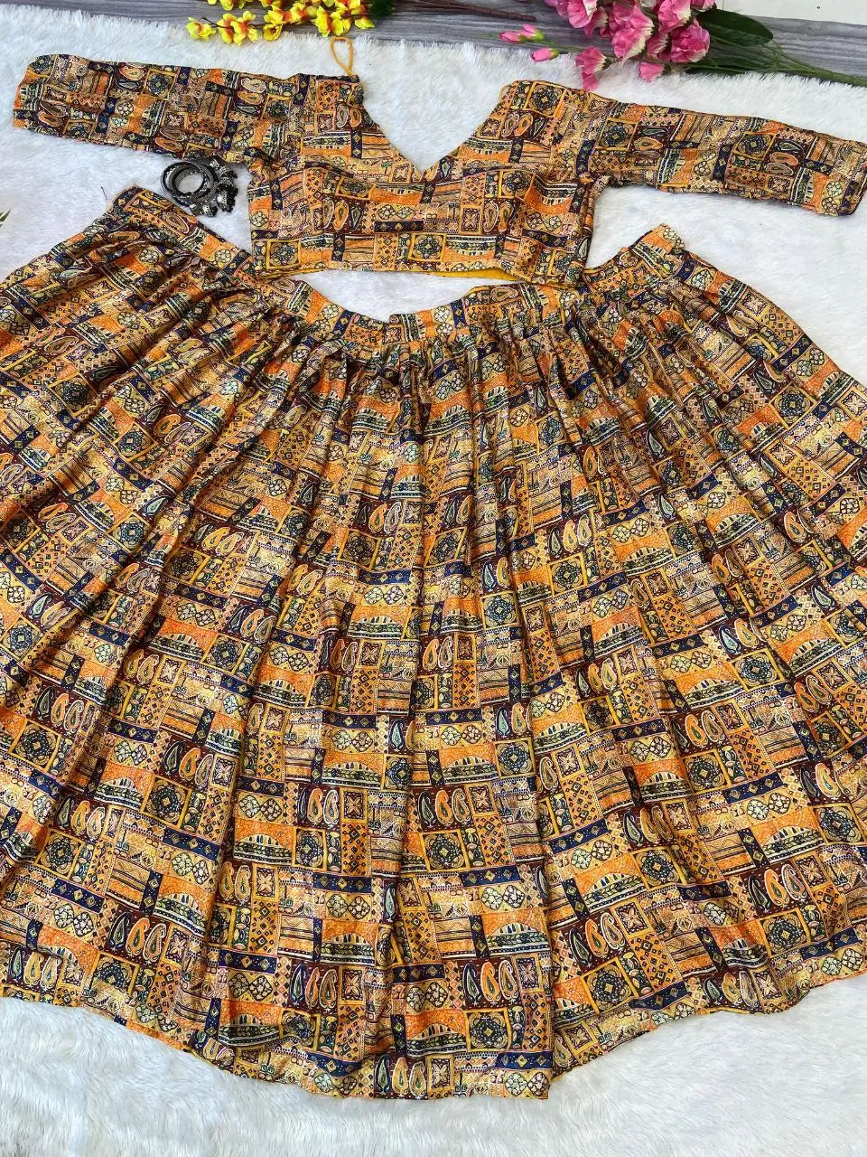 Yellow Chinon Silk Lehenga With Beautiful Digital Print With Plain Dupatta