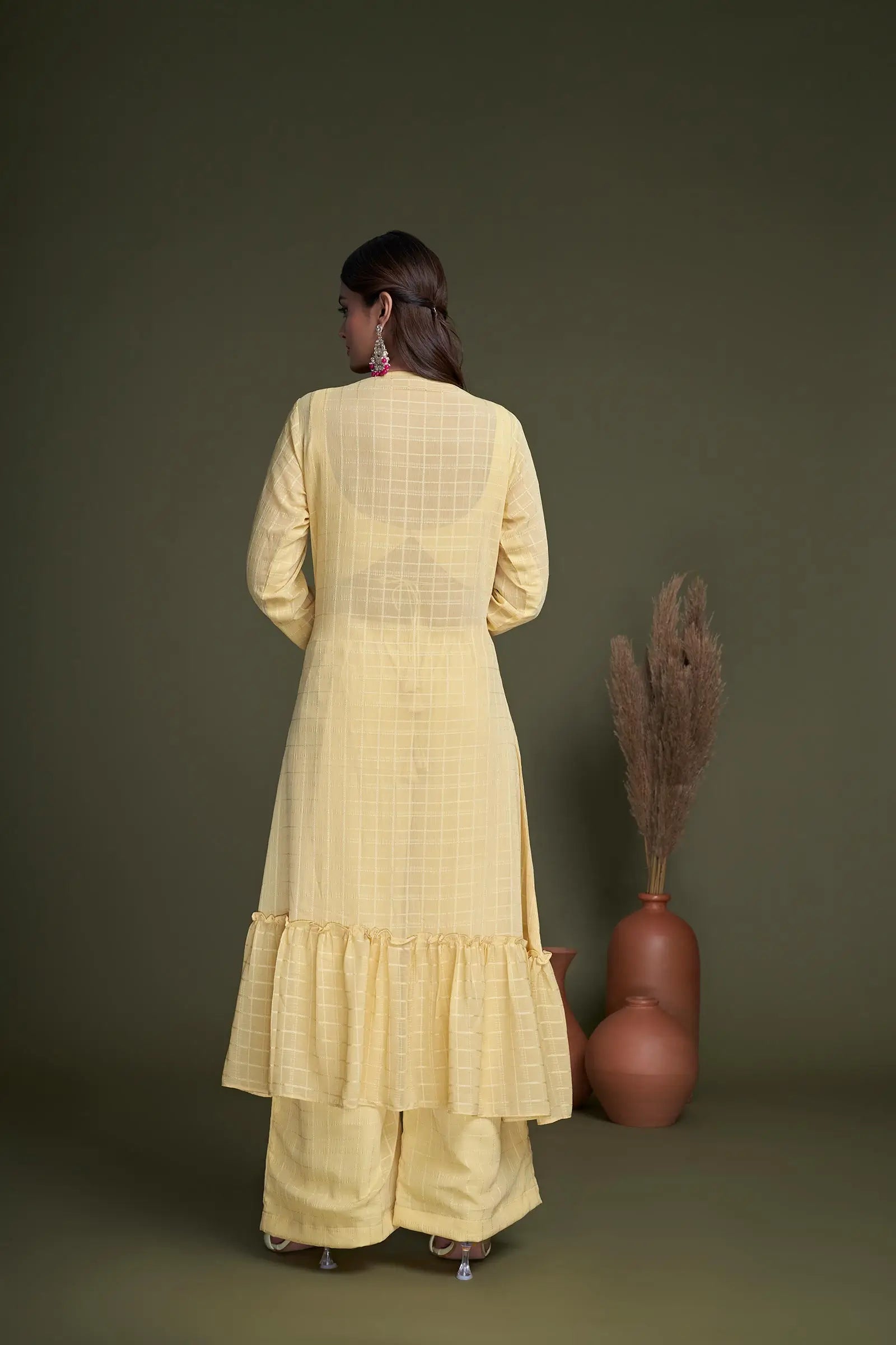 Yellow Weaving Georgette Embroidery Work Co-ord Set