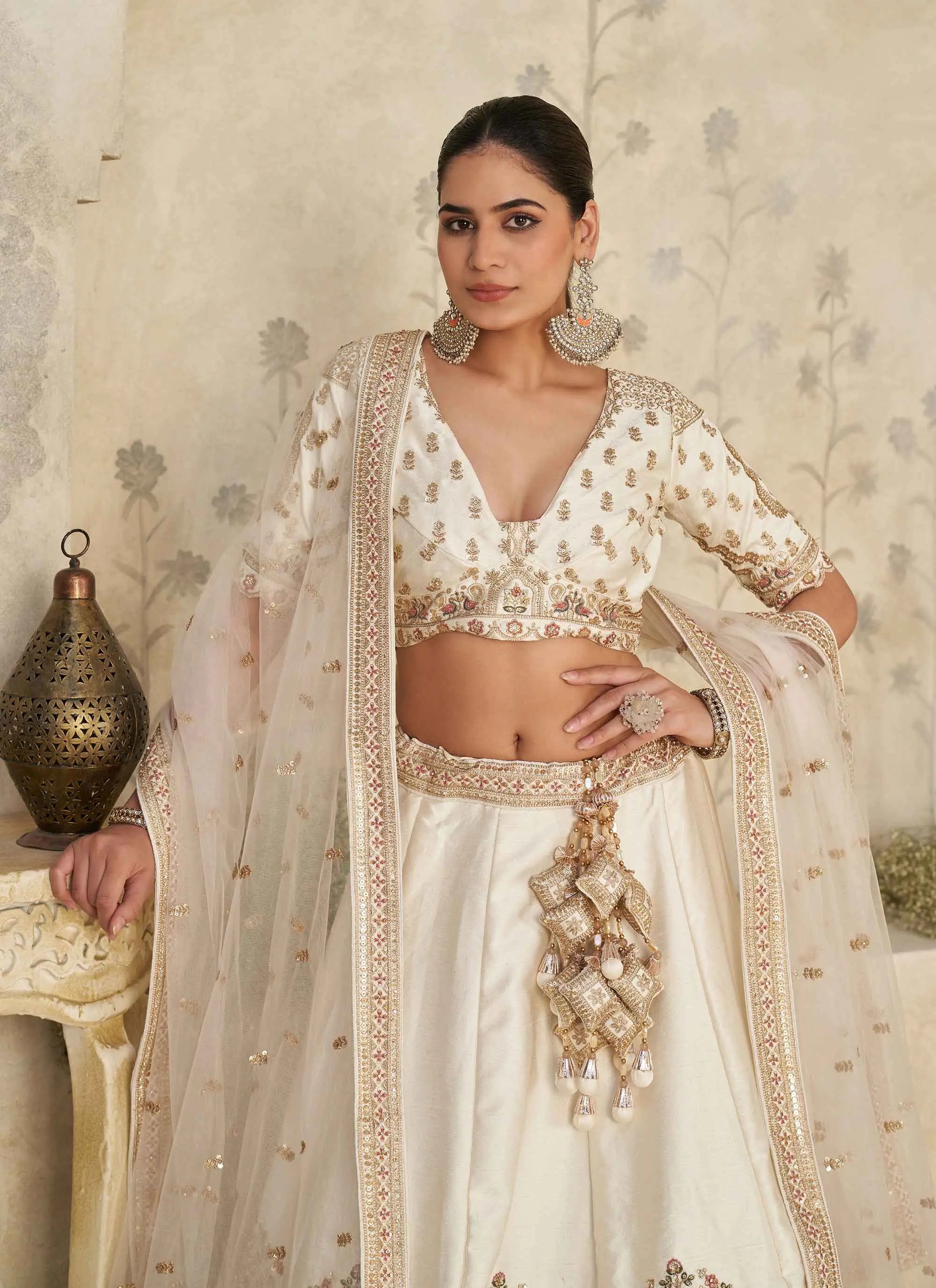 Cream Lehenga with Intricate Elephant Zari Work - qivii
