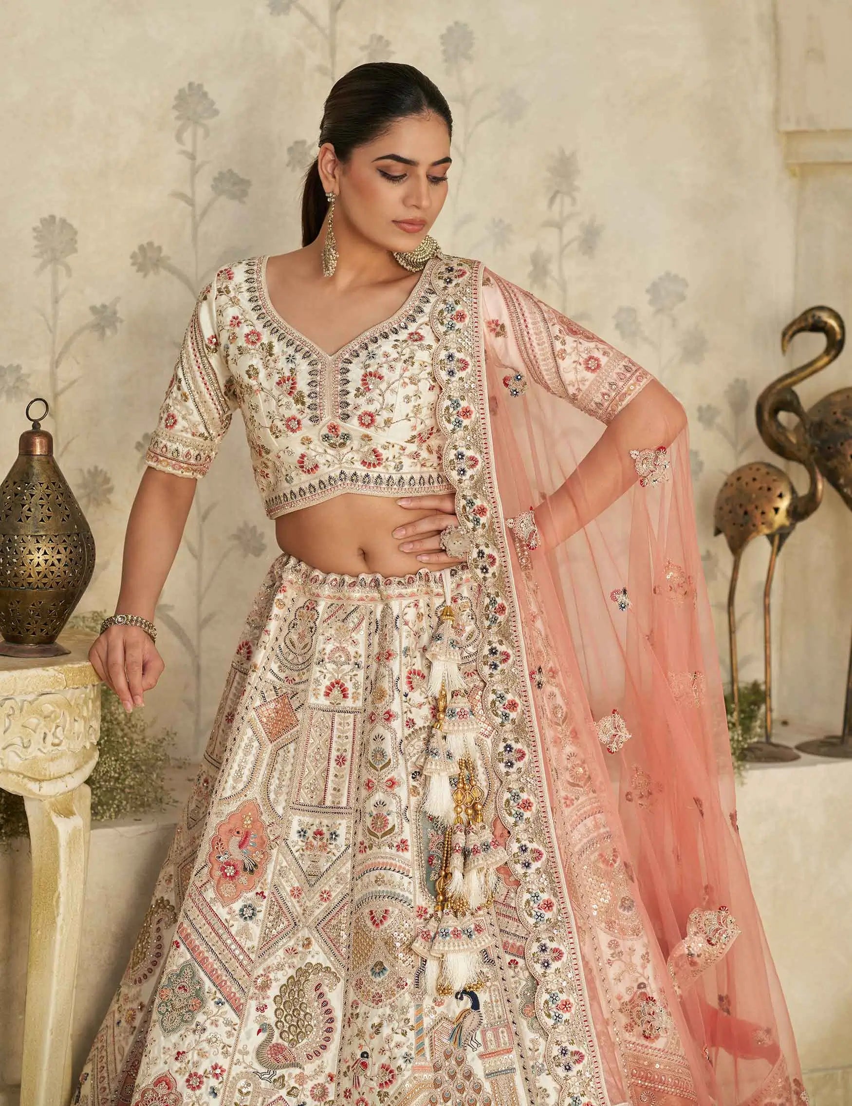 Cream Lehenga With Intricate Royal Embroidery Motifs - qivii