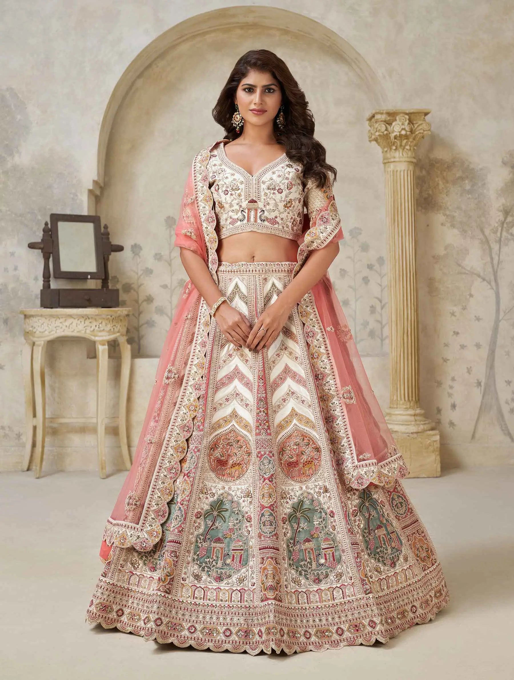 Designer Lehenga with Paisley Motifs & White Dori Work - qivii